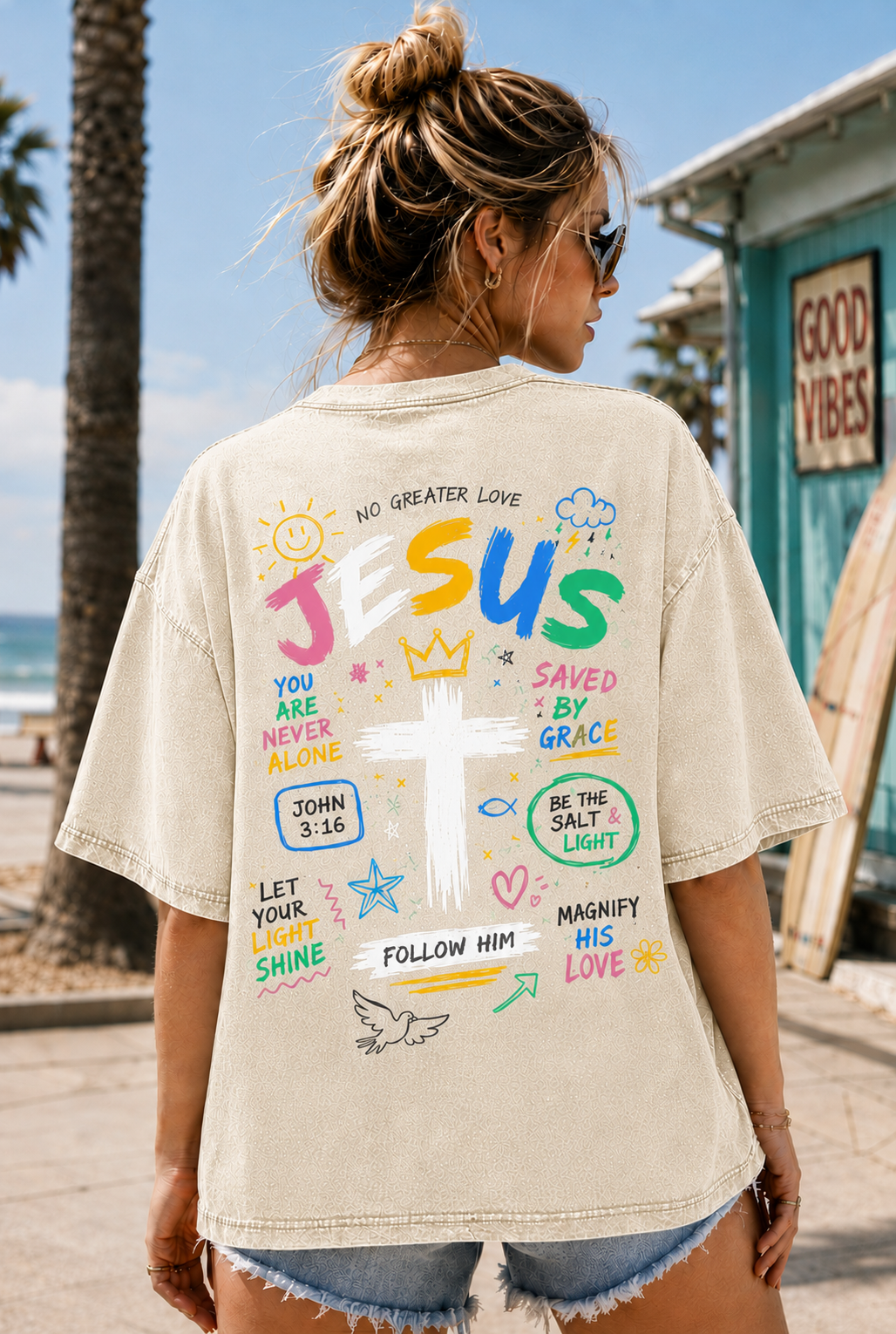 Jesus Loves You Vintage Washed Tee – Christian Graphic Oversized T-Shirt