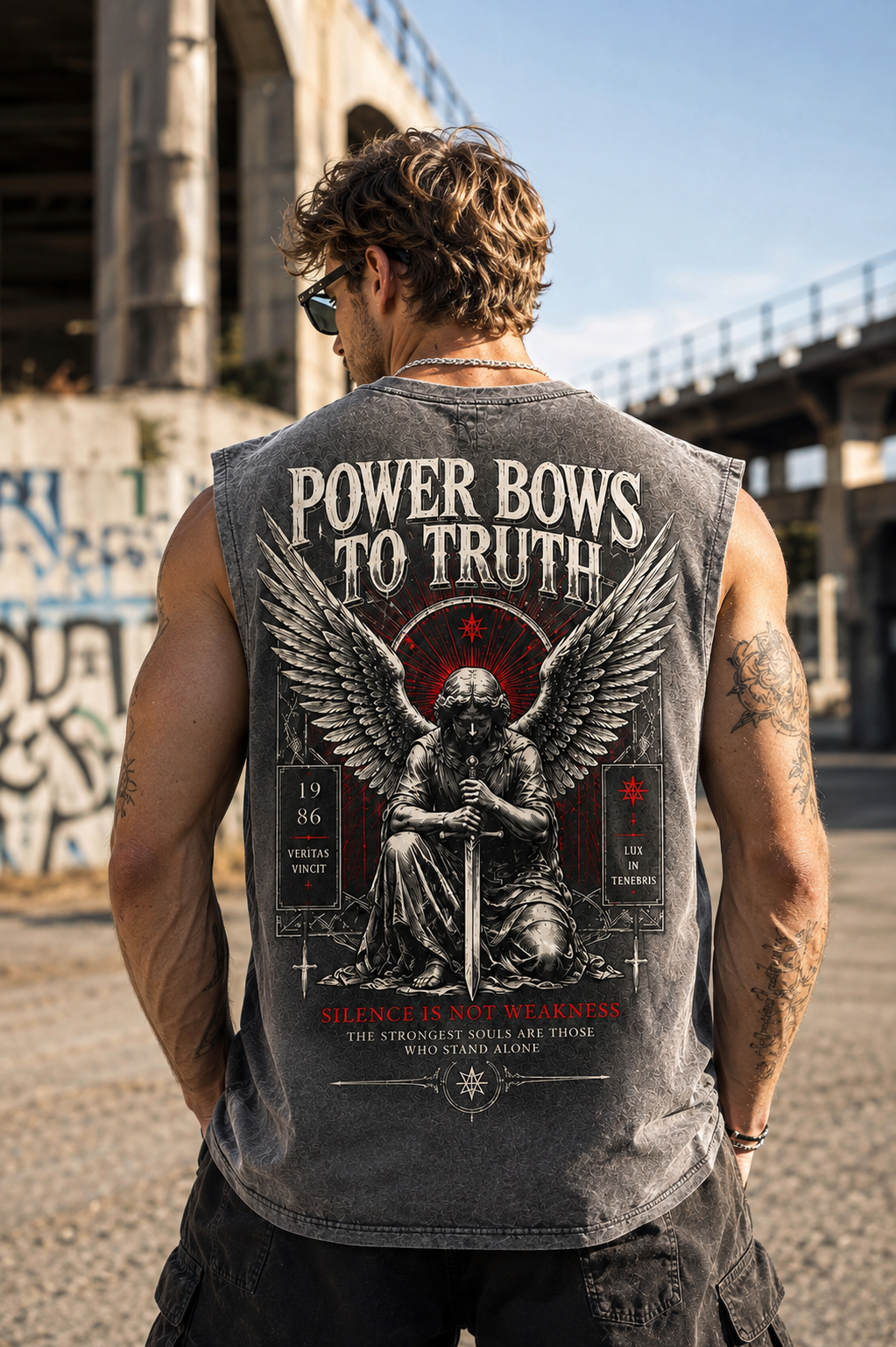 POWER BOWS TO TRUTH – Washed Black Sleeveless Tee