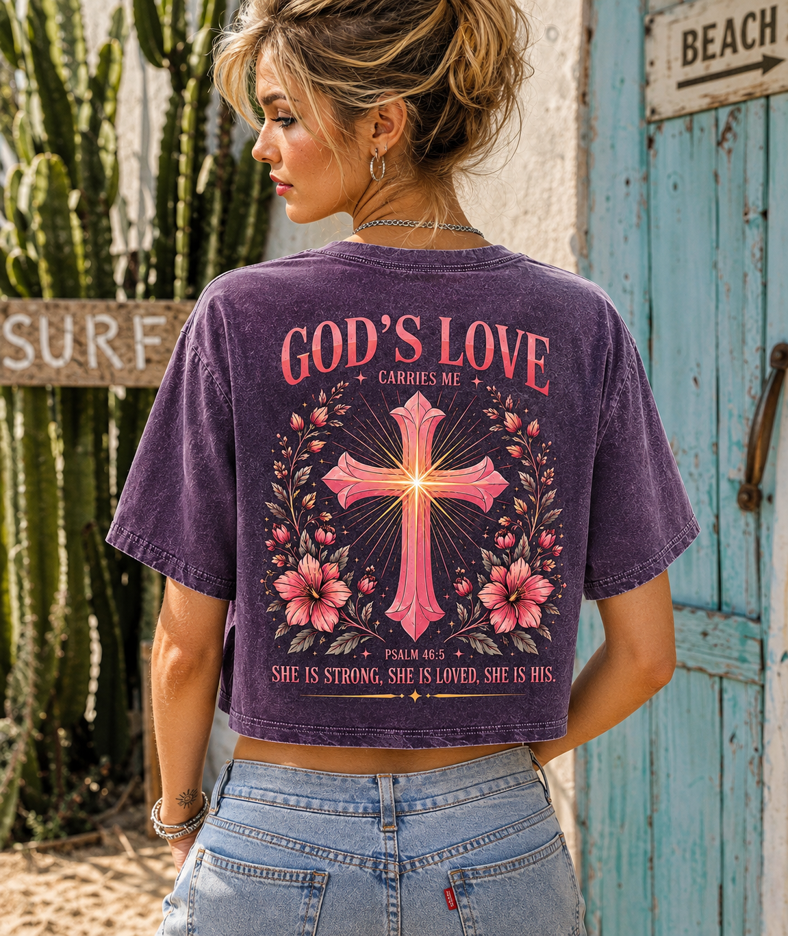 God’s Love Vintage Cross Crop Top – Women’s Faith Tee
