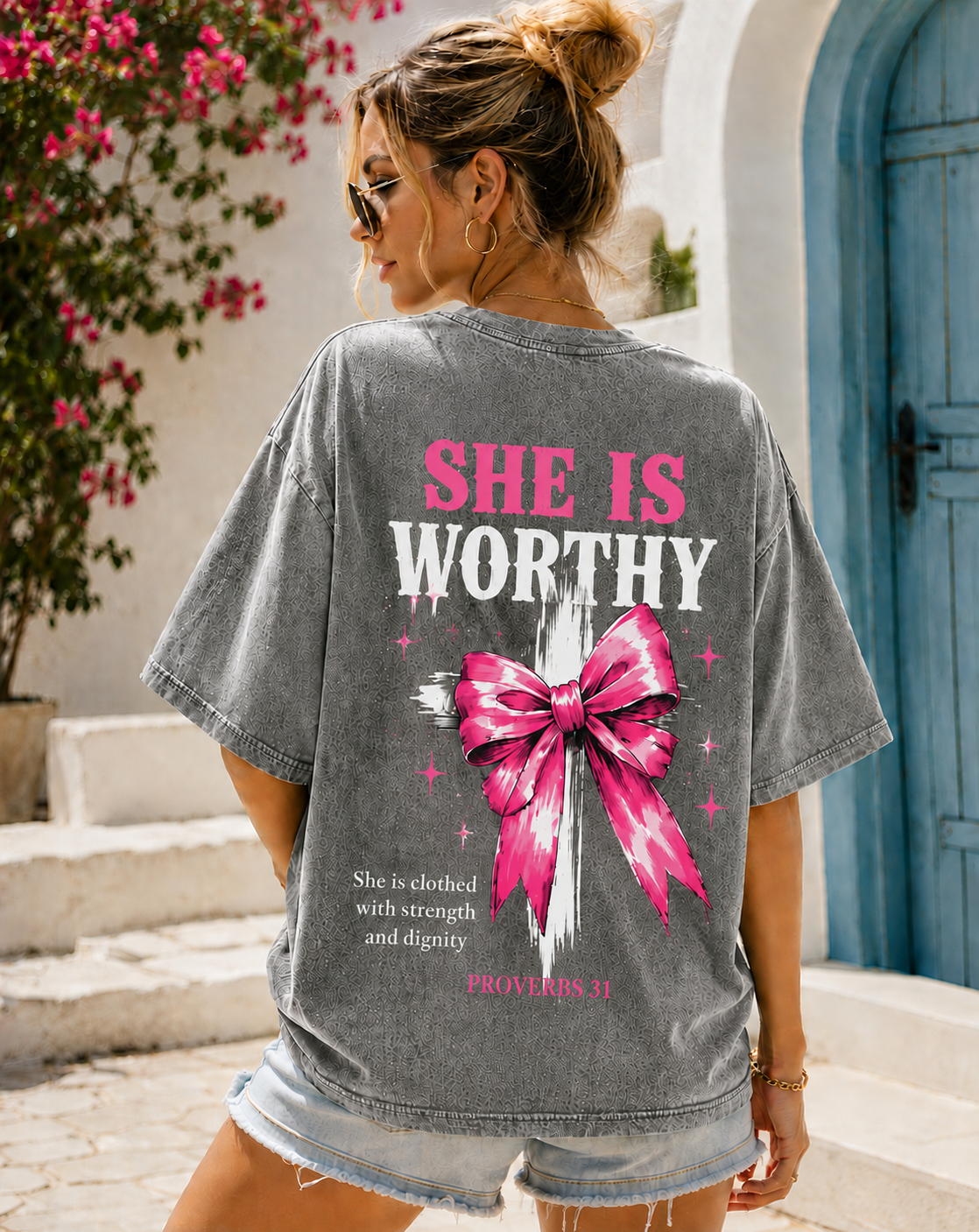 She Is Worthy – Vintage Washed Oversized Tee | Proverbs 31