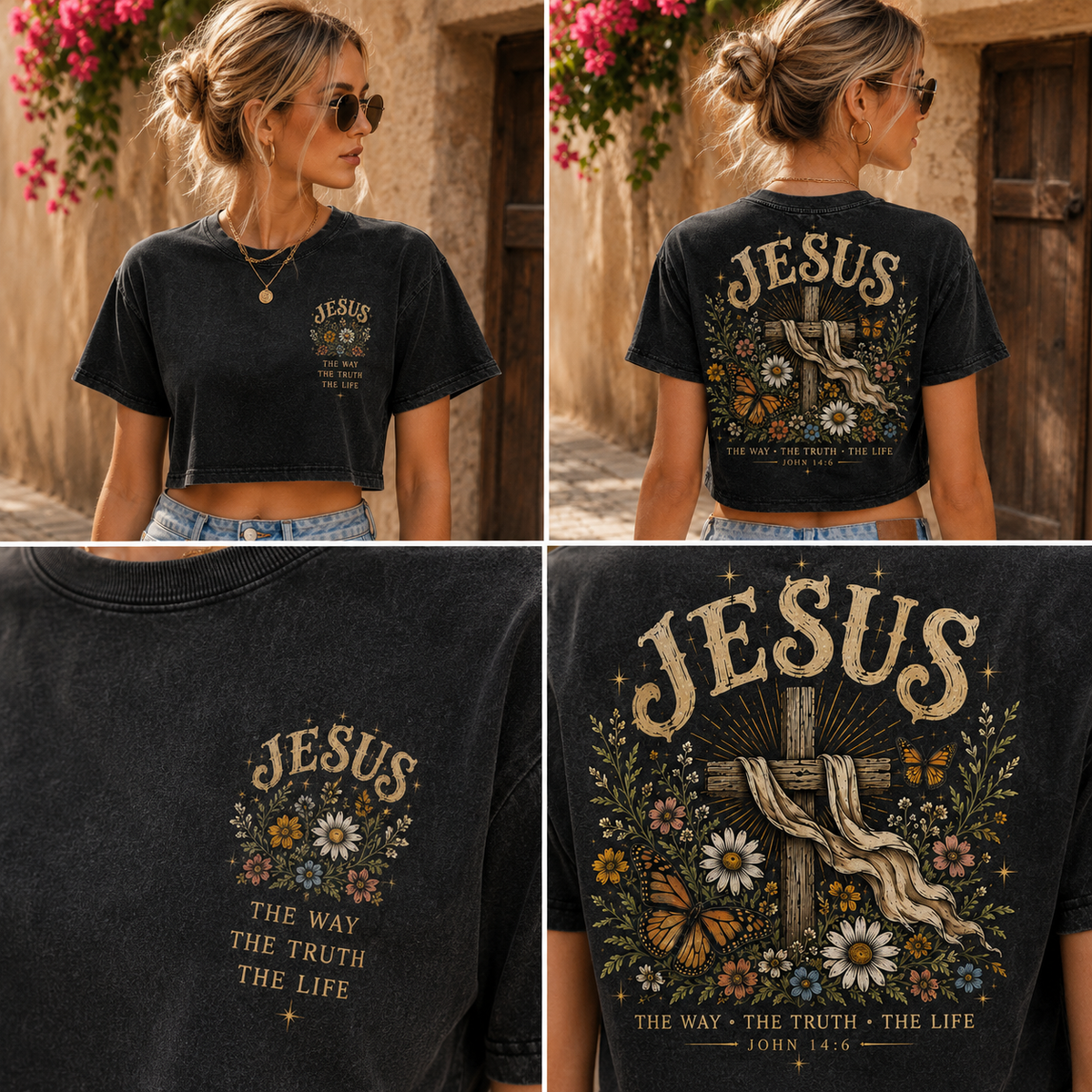 Vintage Jesus Cross Crop Top – Faith Graphic Tee