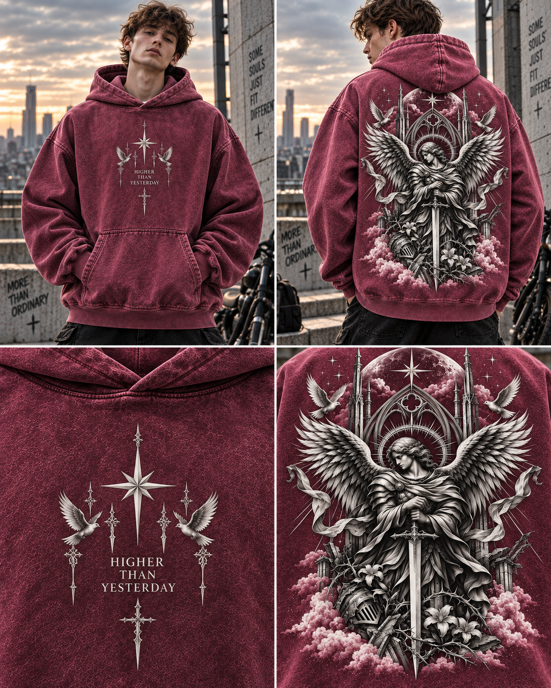 Angelic Guardian Vintage Hoodie – Gothic Wings & Sword