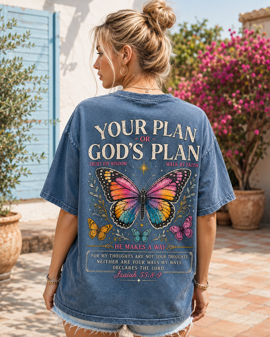 God’s Plan Butterfly Faith Washed Black Tee