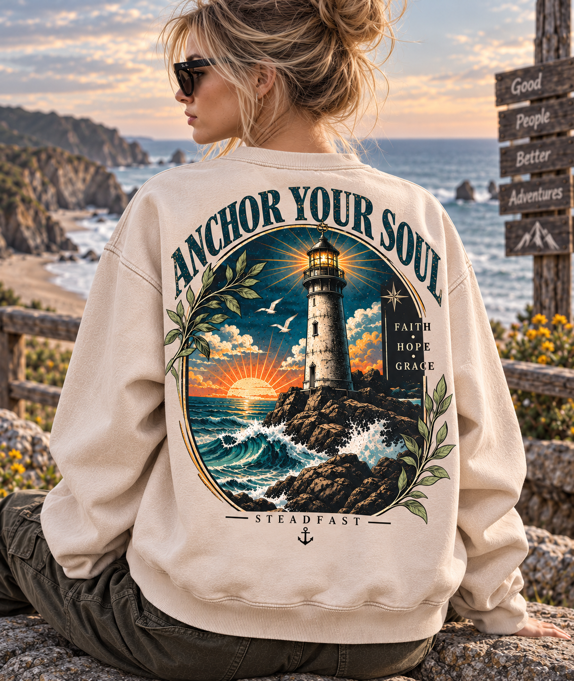 Anchor Your Soul – Vintage Lighthouse Sweatshirt