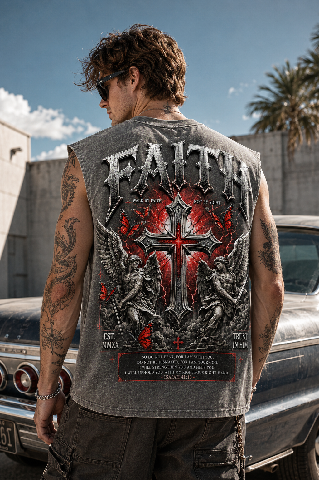 FAITH Washed Black Muscle Tee – Vintage Gothic Cross Graphic
