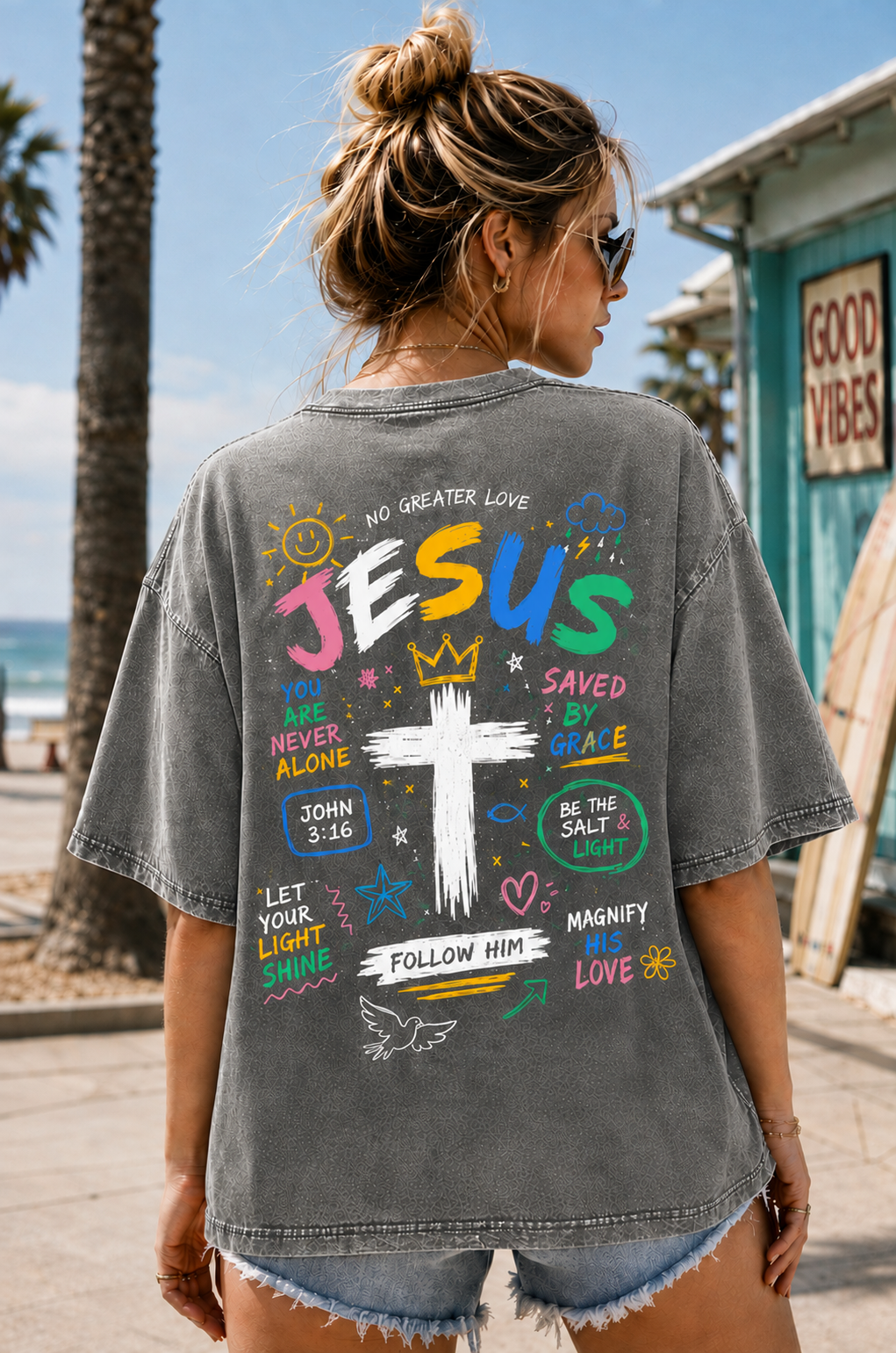 Jesus Loves You Vintage Washed Tee – Christian Graphic Oversized T-Shirt