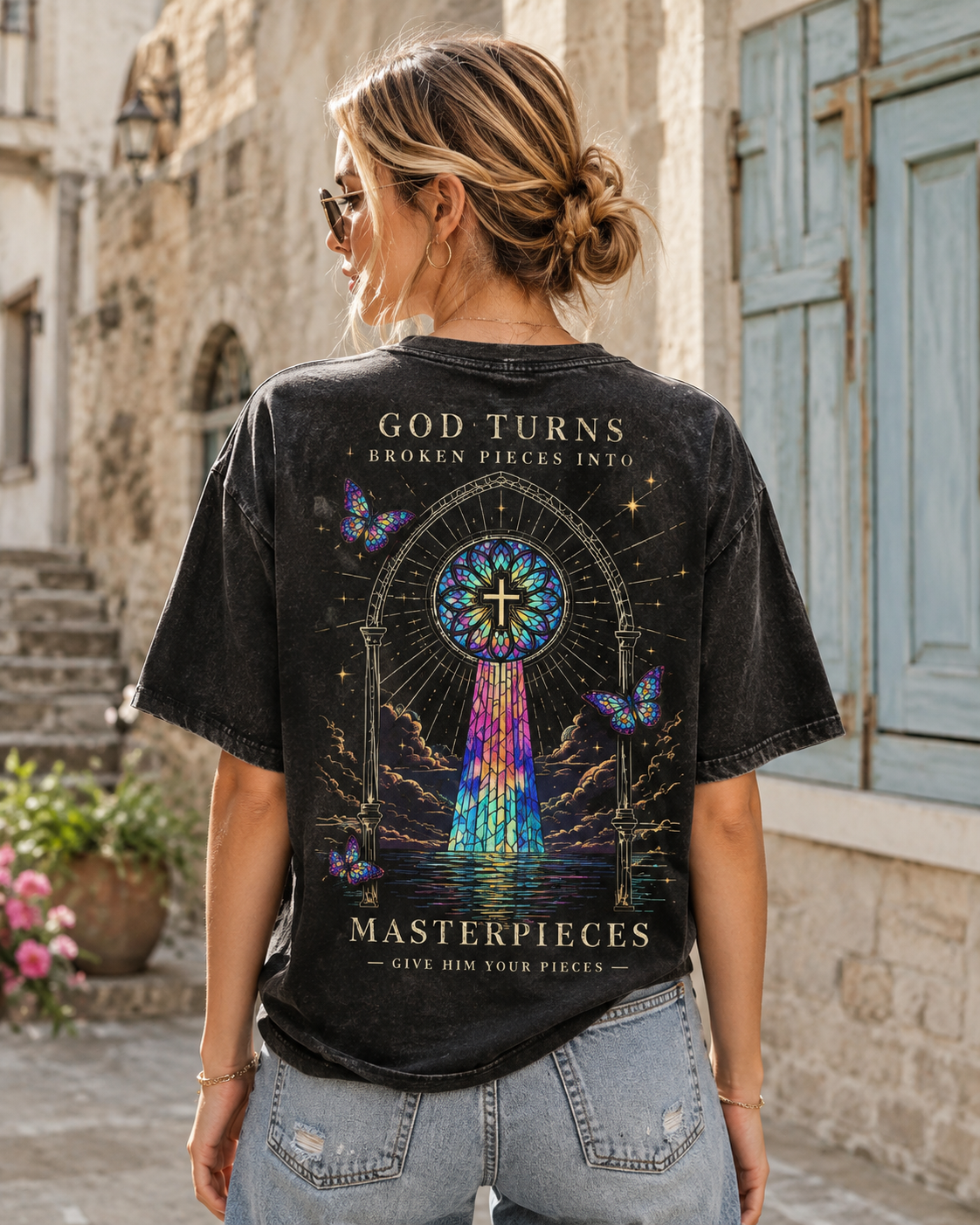 GOD TURNS Broken Pieces – Stained Glass Cross T-Shirt