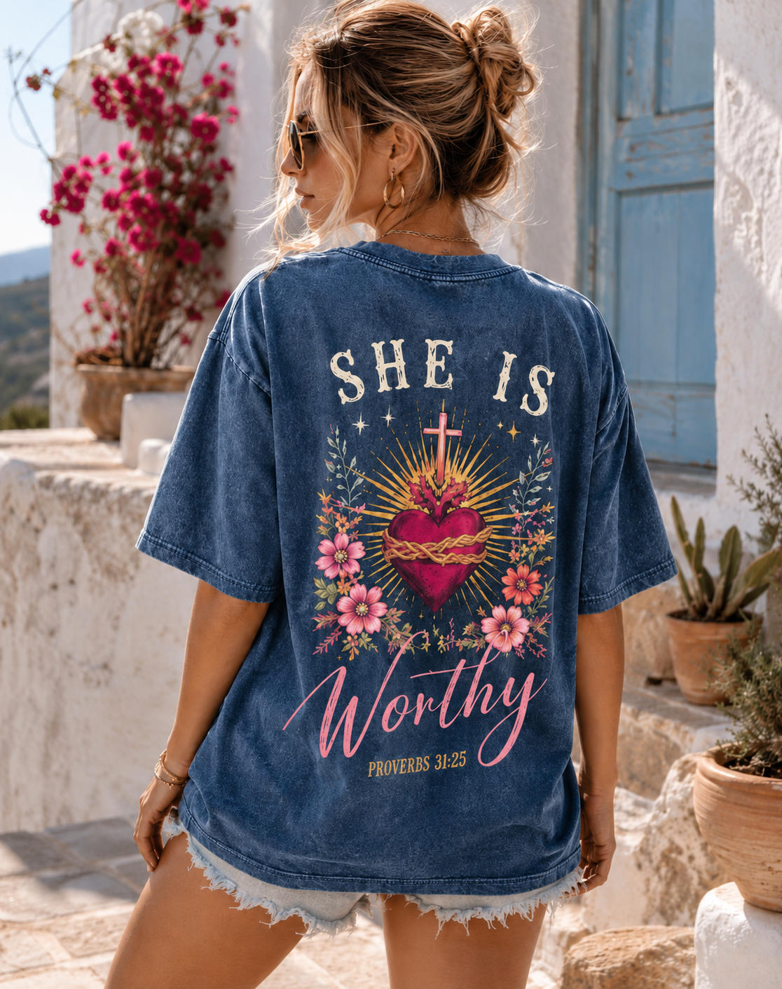 SHE IS Worthy™ – Vintage Sacred Heart Oversized T-Shirt