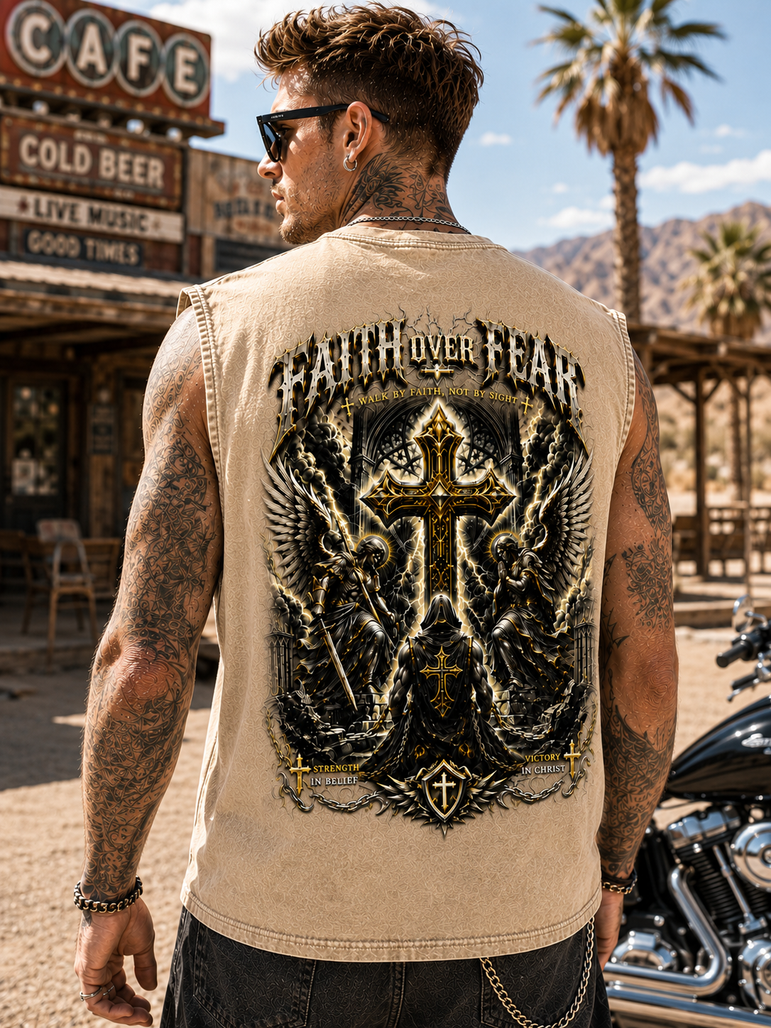 Faith Over Fear – Vintage Washed Blue Biker Tank