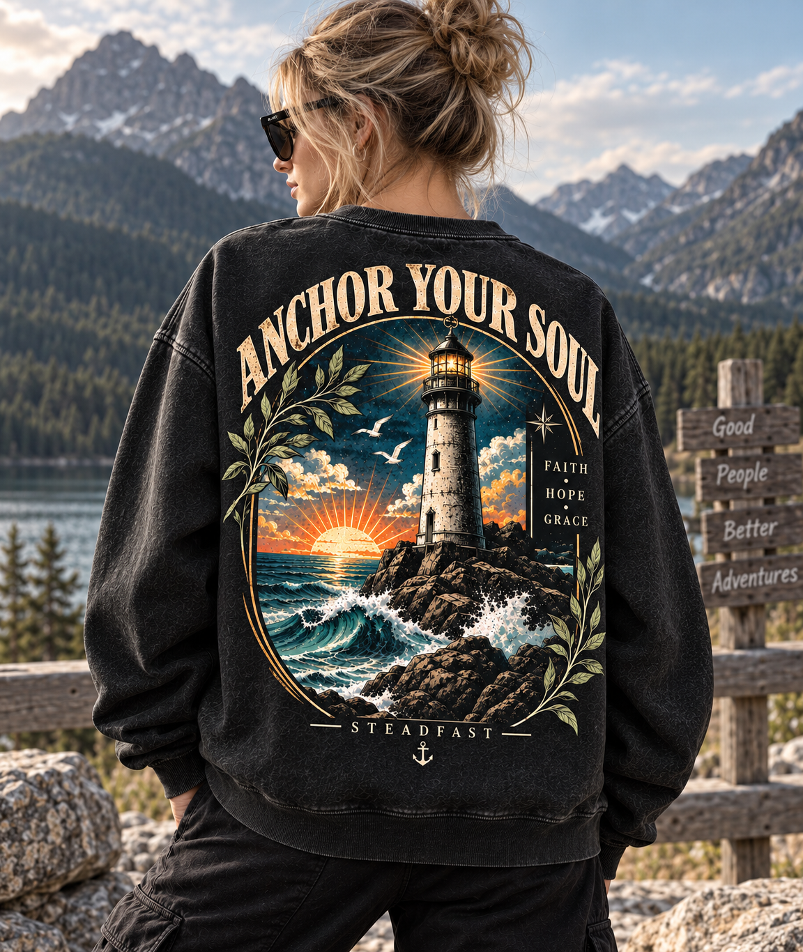 Anchor Your Soul – Vintage Lighthouse Sweatshirt