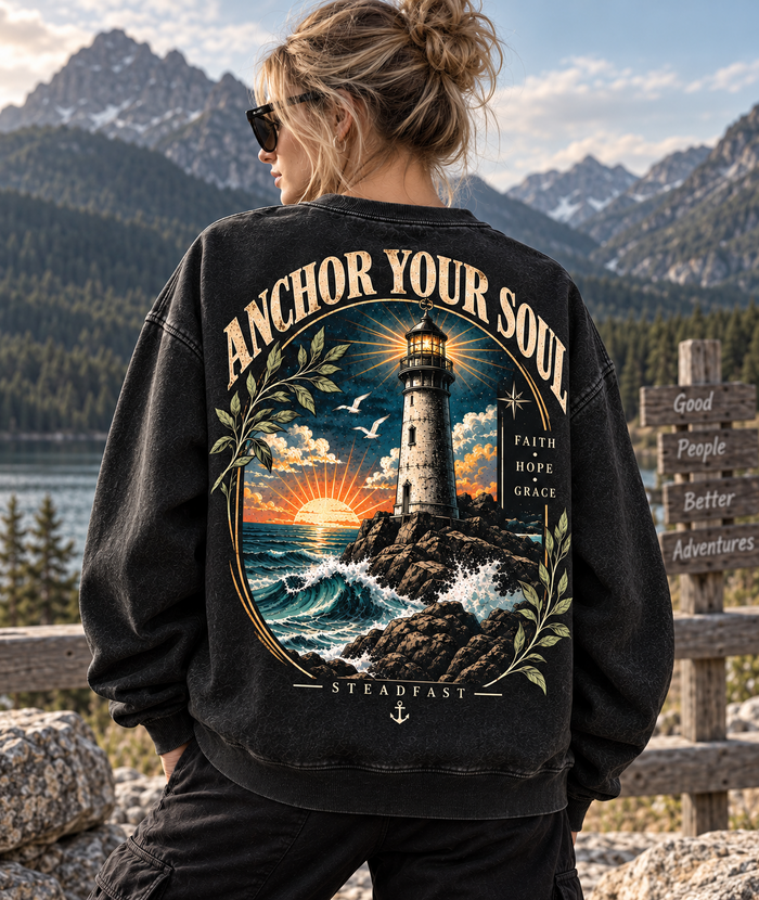 Anchor Your Soul – Vintage Lighthouse Sweatshirt