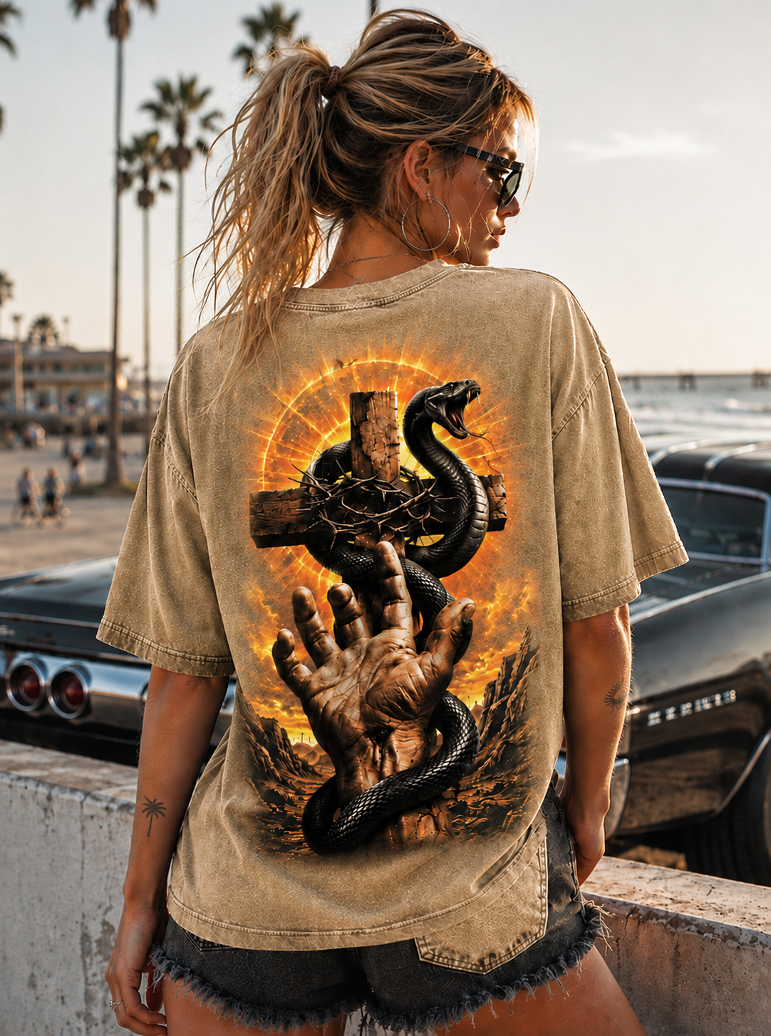 Vintage Snake Cross Graphic Tee – Washed Black