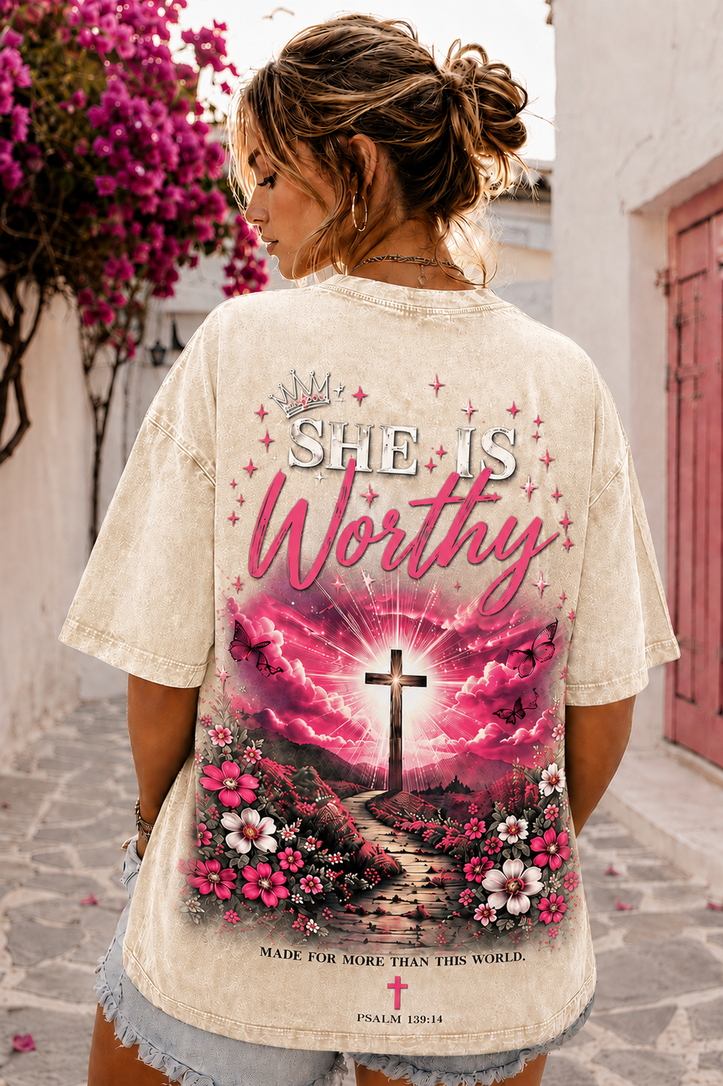 She Is Worthy Christian Graphic Washed Black Oversized T-Shirt