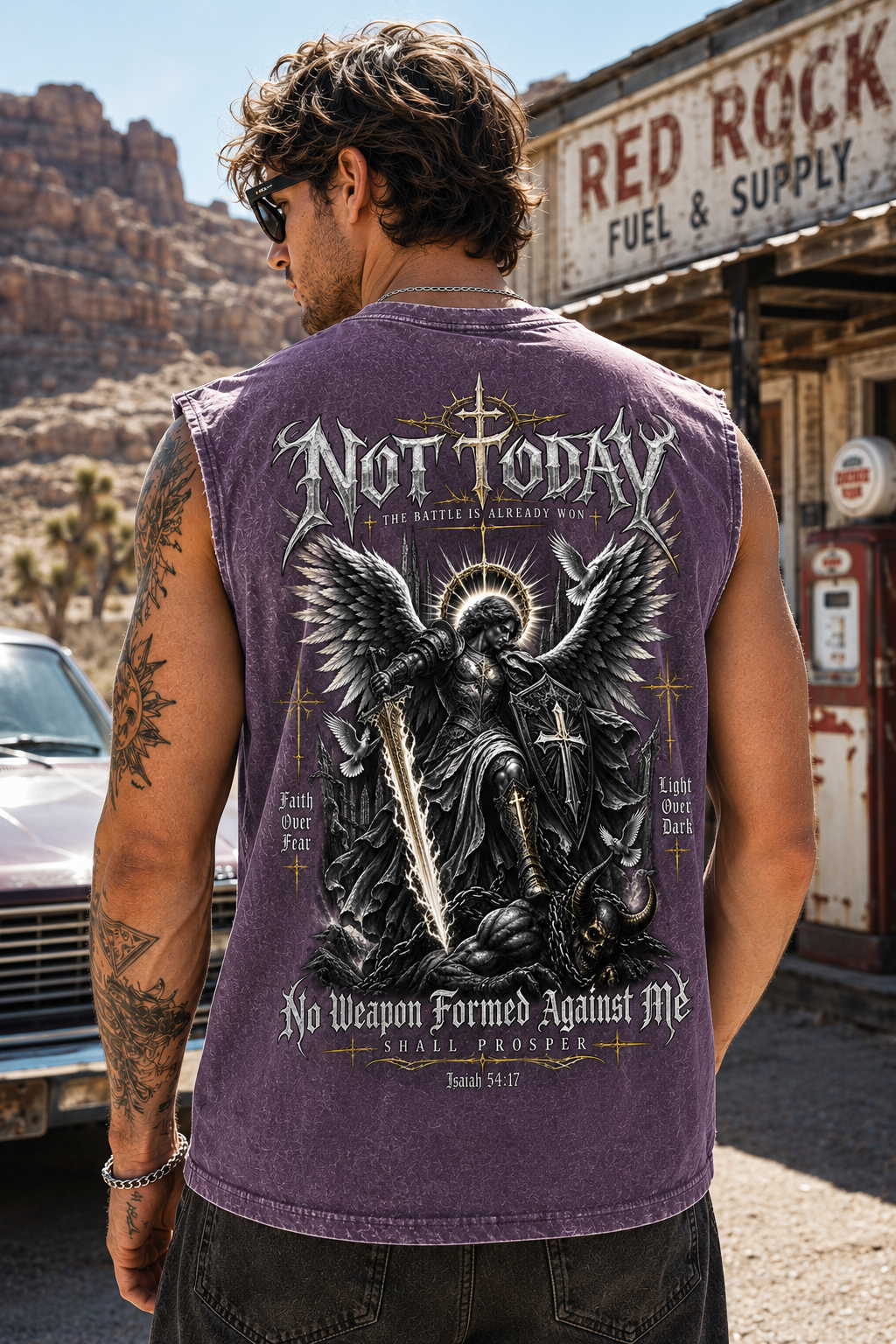 Not Today Washed Blue Muscle Tee – Gothic Faith Graphic