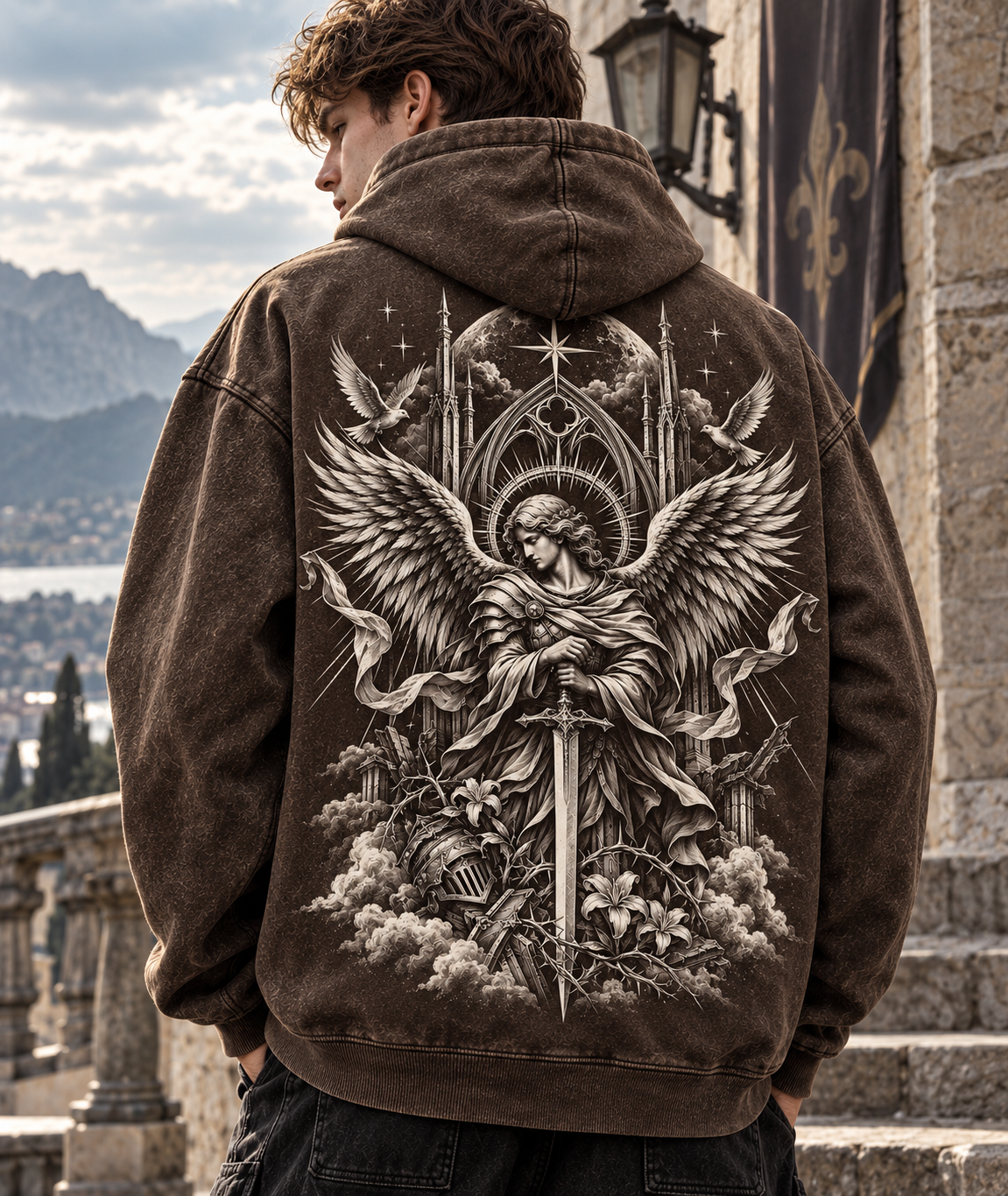 Angelic Guardian Vintage Hoodie – Gothic Wings & Sword