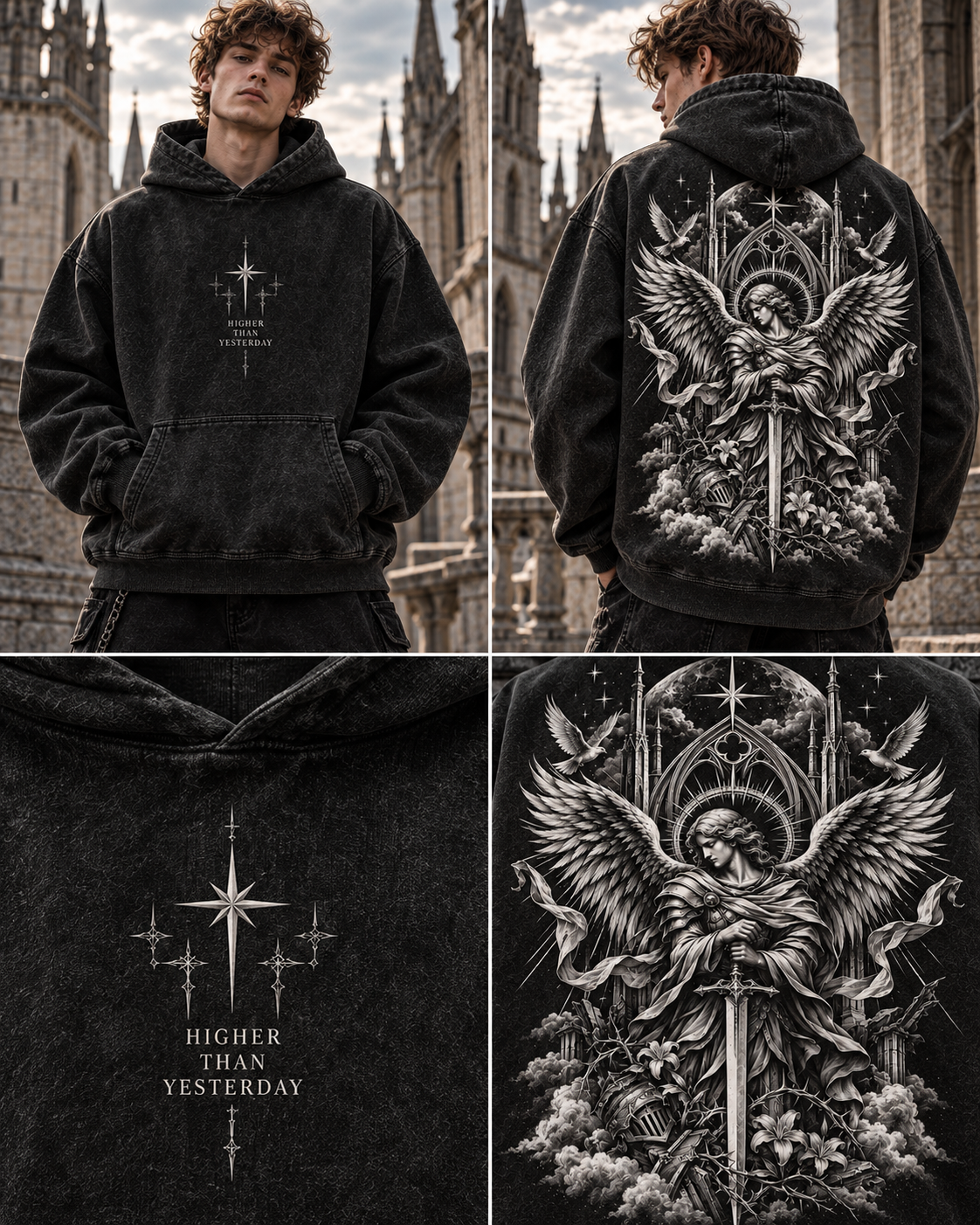 Angelic Guardian Vintage Hoodie – Gothic Wings & Sword
