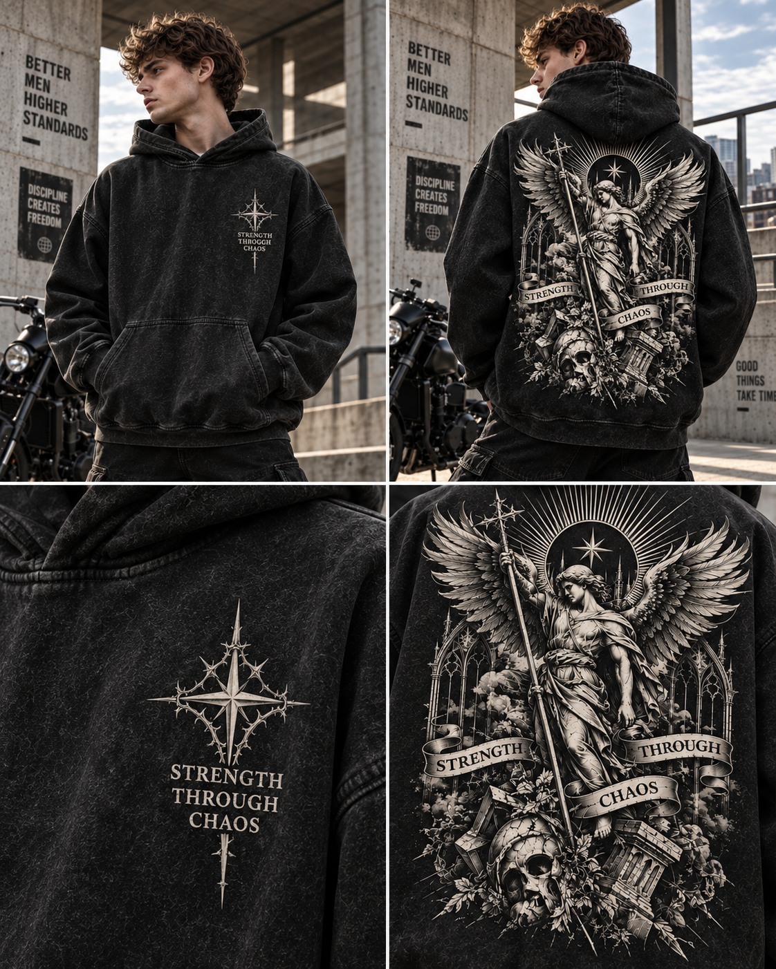 Strength Through Chaos – Vintage Gothic Angel Hoodie