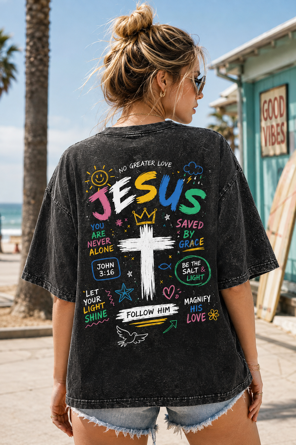 Jesus Loves You Vintage Washed Tee – Christian Graphic Oversized T-Shirt