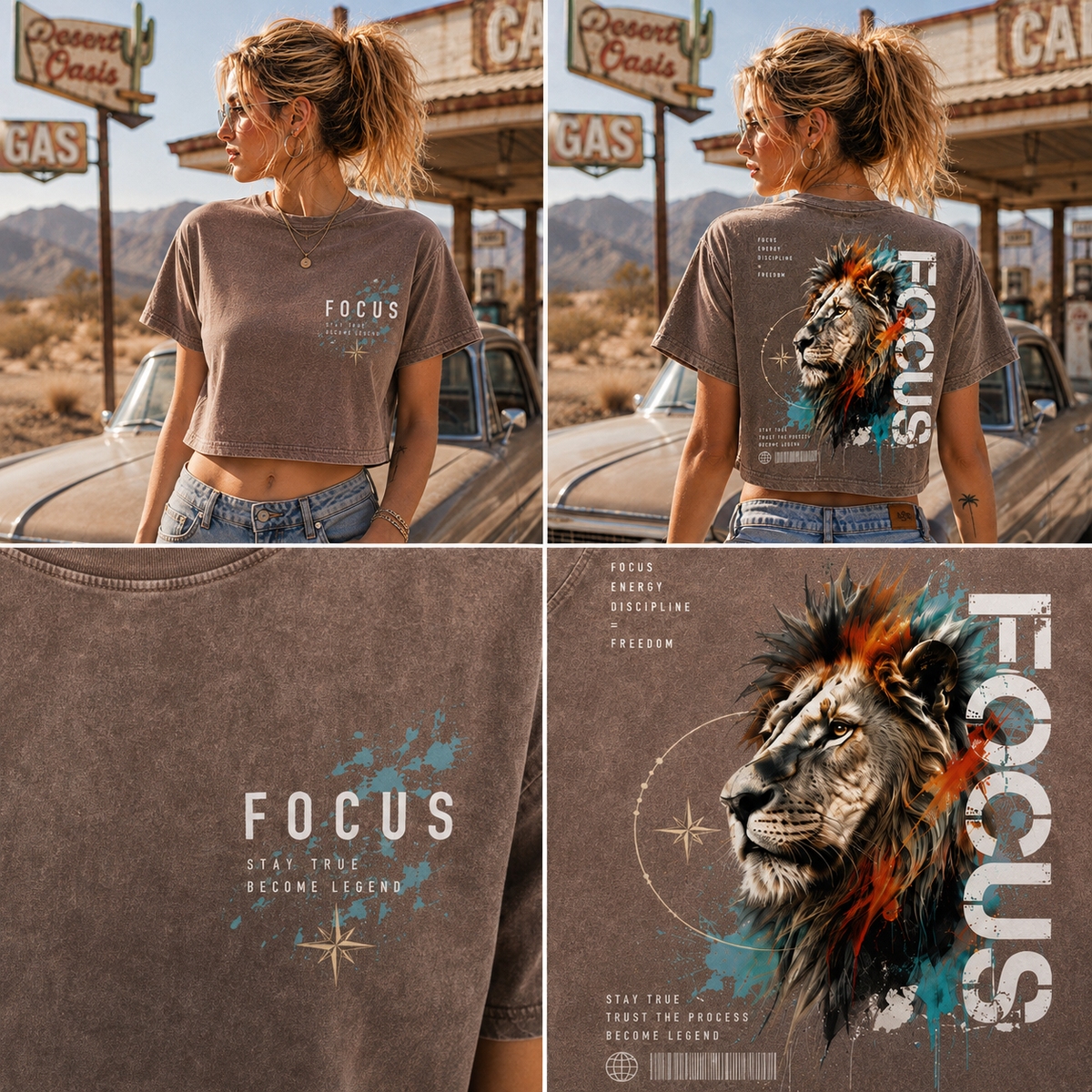FOCUS Lion Graphic Crop Tee – Vintage Wash