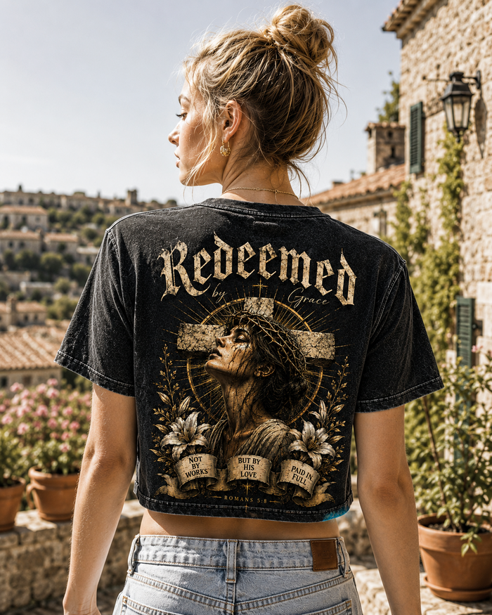 Redeemed by Grace – Vintage Christian Crop Tee