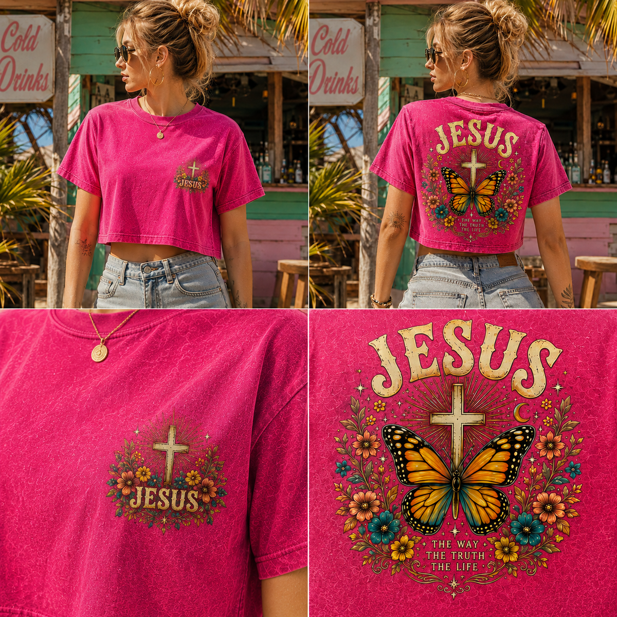JESUS Butterfly Vintage Crop Top – Washed Black