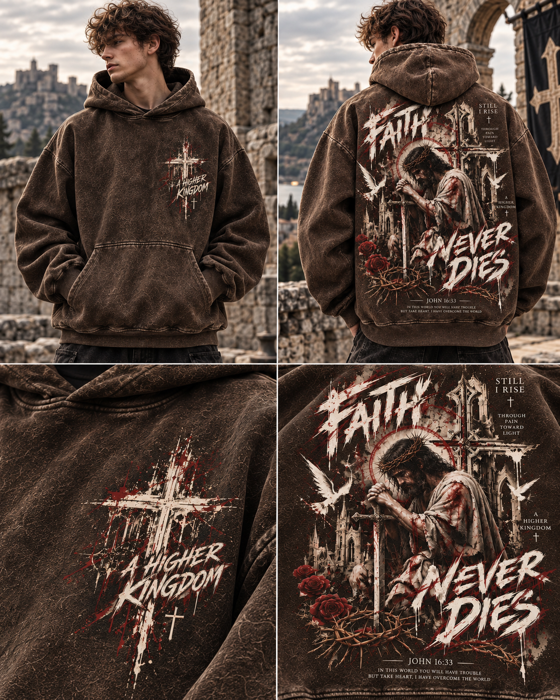 Faith Never Dies – Gothic Cross Washed Hoodie
