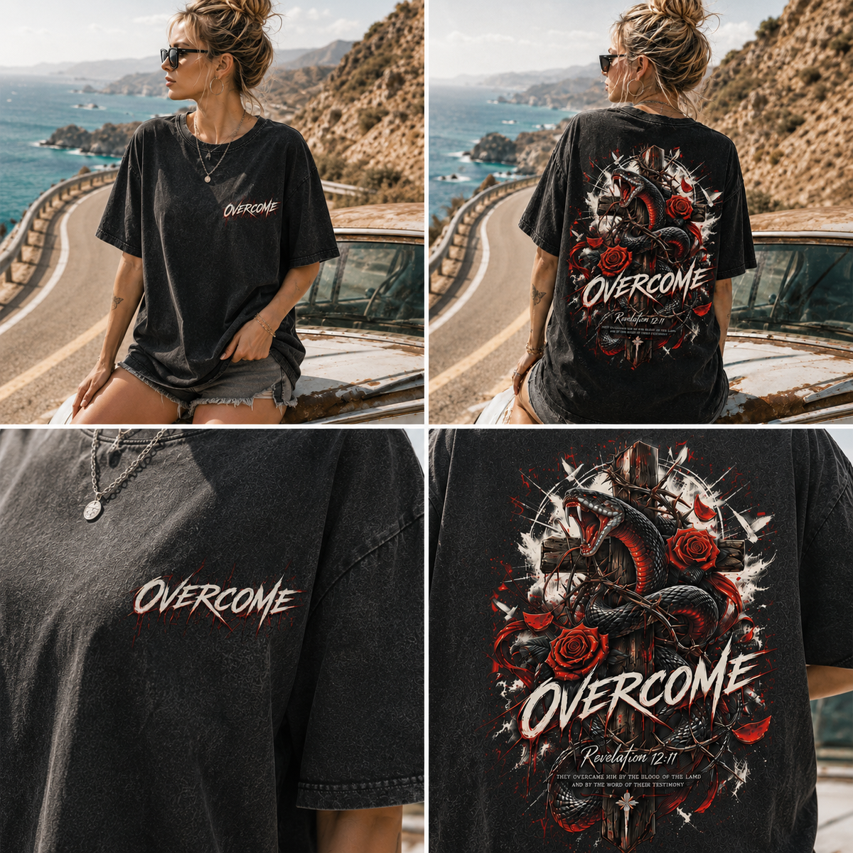 OVERCOME Snake Cross Graphic Tee – Vintage Washed T-Shirt