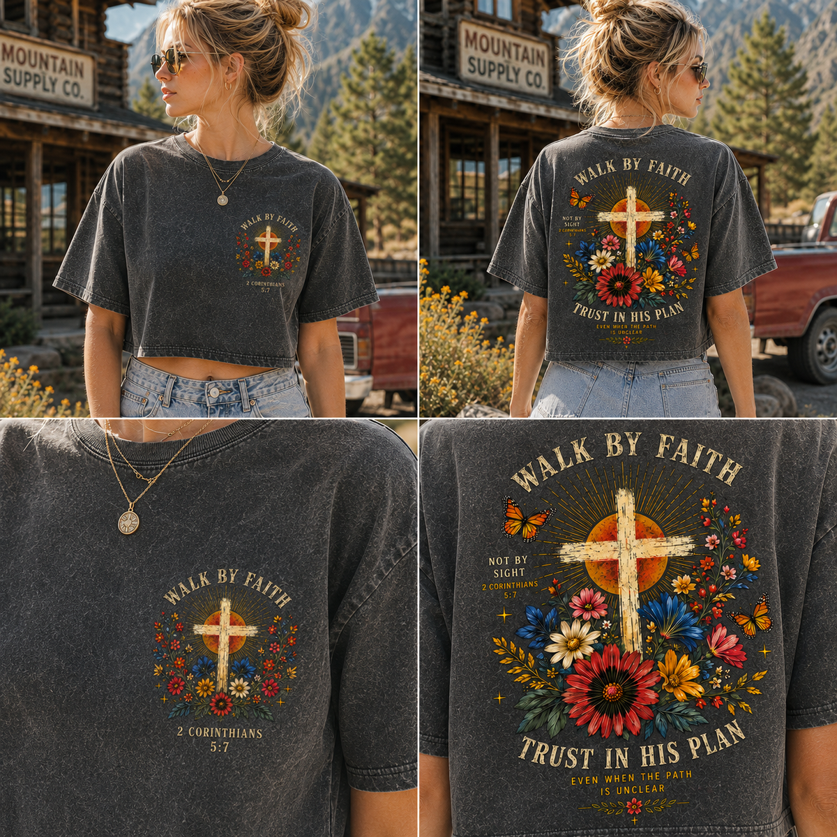 Walk By Faith – Vintage Floral Cross Crop Tee