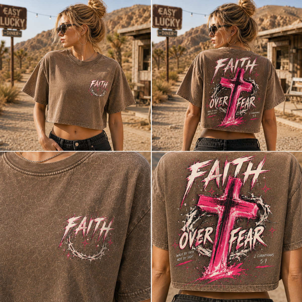 Faith Over Fear Cross Crop Top – Vintage Wash Graphic Tee