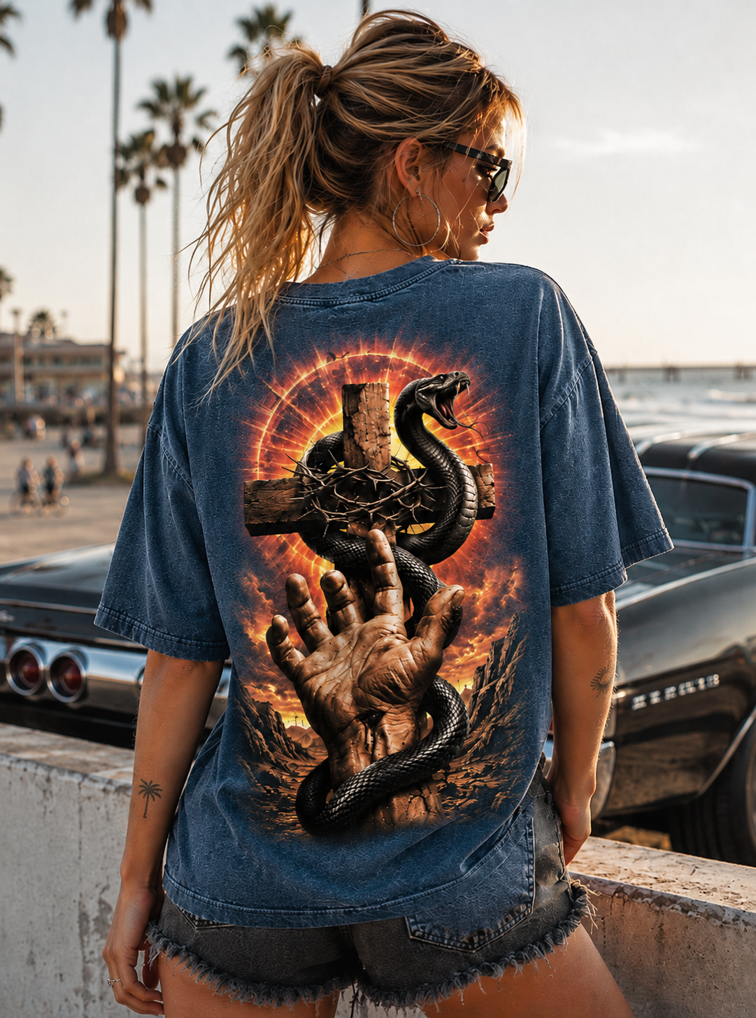 Vintage Snake Cross Graphic Tee – Washed Black