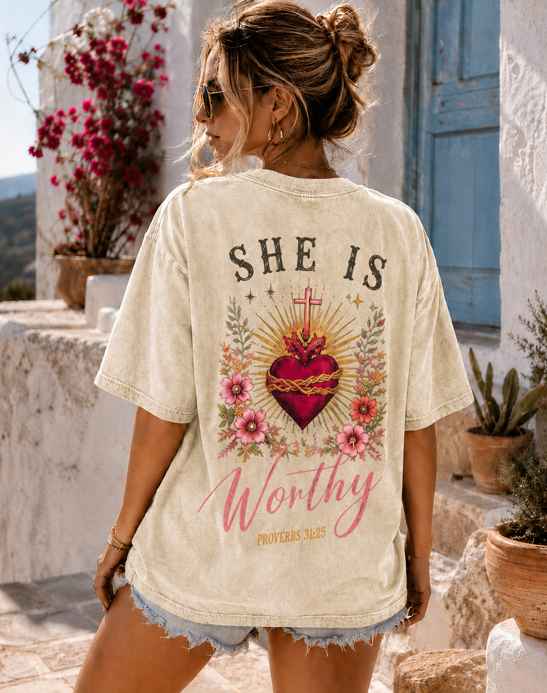 SHE IS Worthy™ – Vintage Sacred Heart Oversized T-Shirt