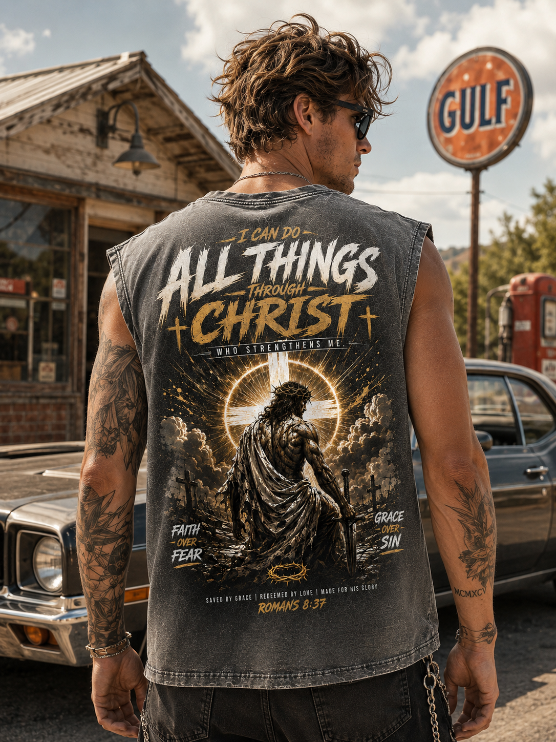 Faith Over Fear — Washed Black Christian Muscle Tee