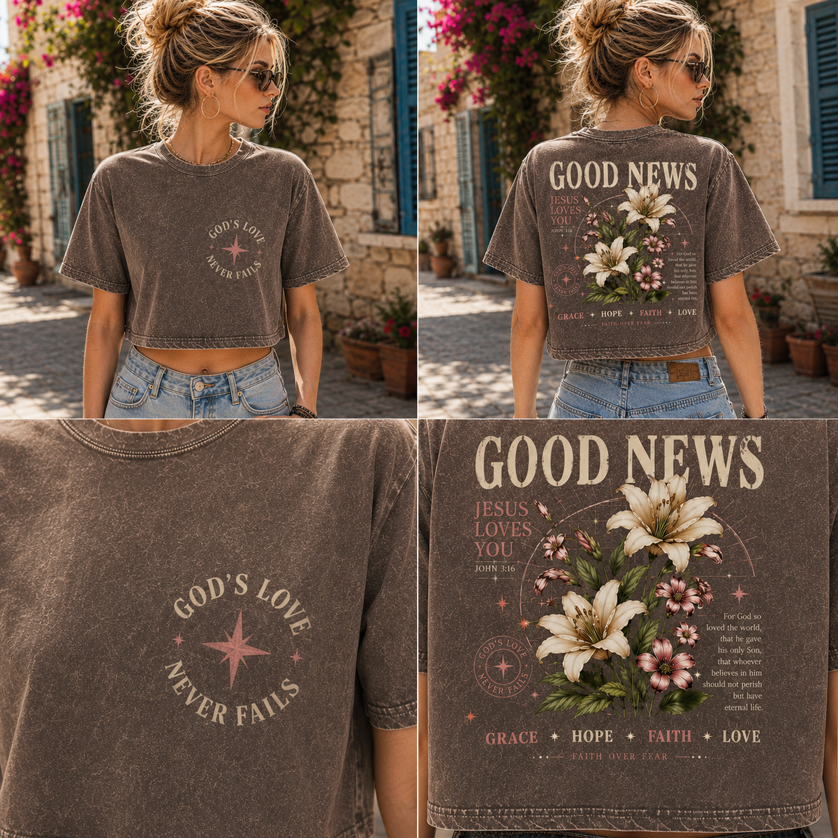 Good News Faith Floral Crop Top – Vintage Christian Tee