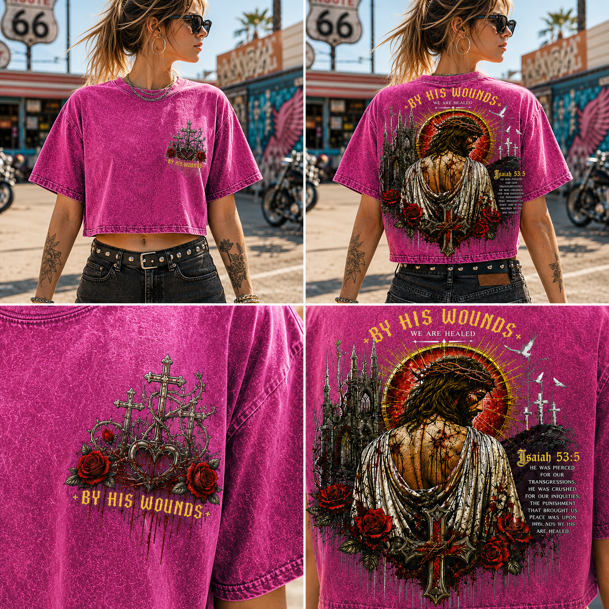 By His Wounds Gothic Cross Crop Tee – Vintage Christian Style