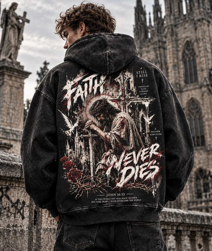 Faith Never Dies – Gothic Cross Washed Hoodie