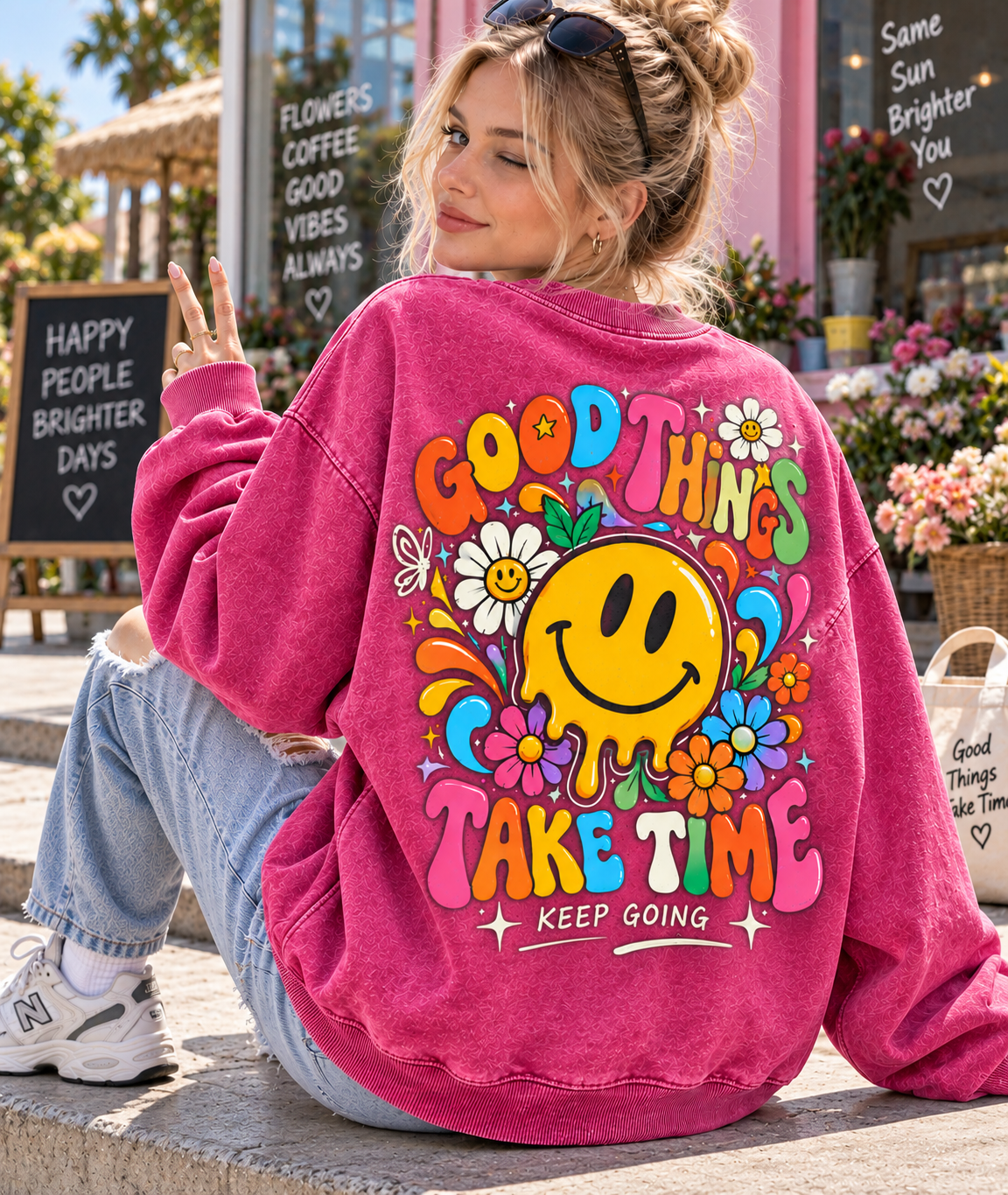 Good Things Take Time – Vintage Smiley Sweatshirt