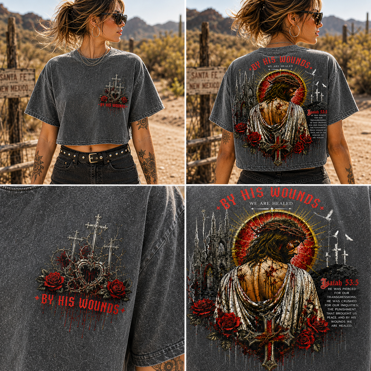 By His Wounds Gothic Cross Crop Tee – Vintage Christian Style