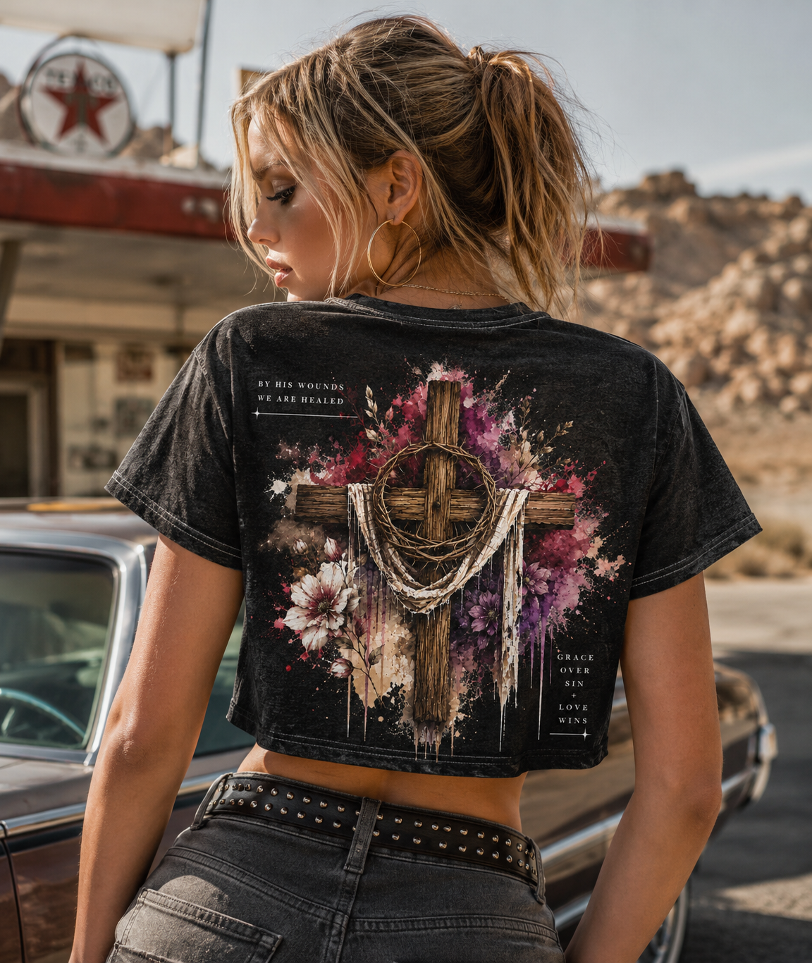 Grace Over Sin – Vintage Cross Crop Tee