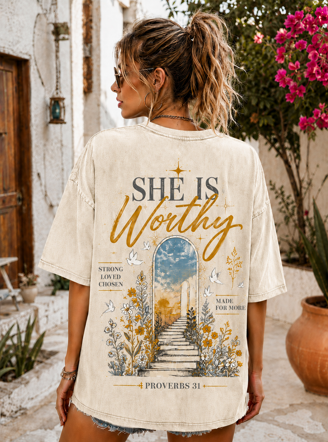 She Is Worthy Vintage Faith T-Shirt – Washed Black