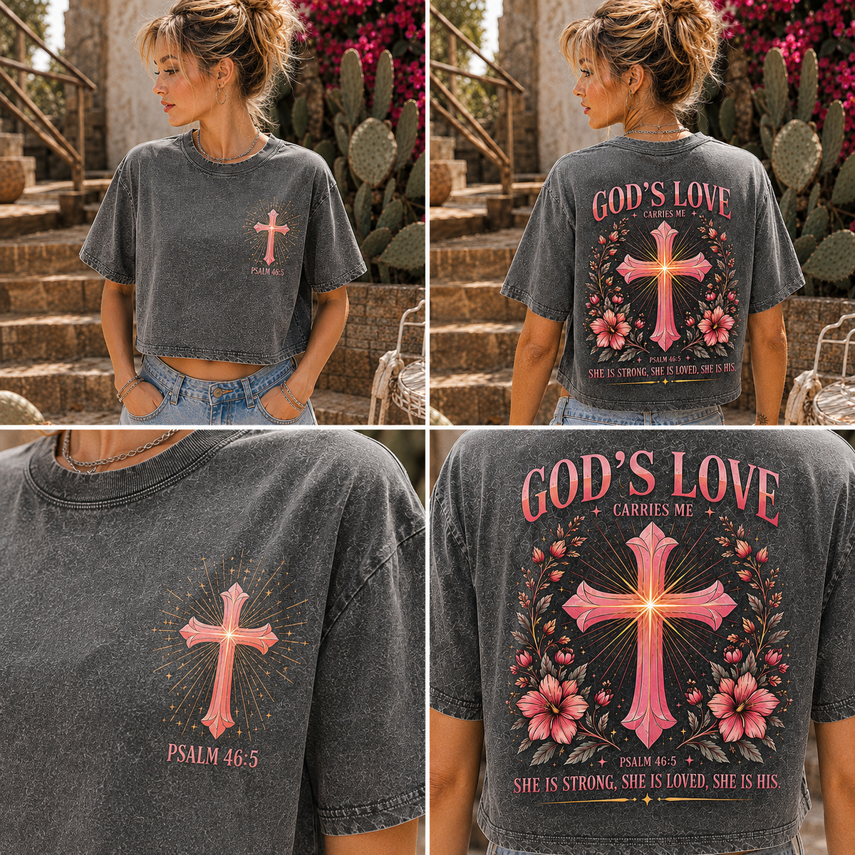 God’s Love Vintage Cross Crop Top – Women’s Faith Tee