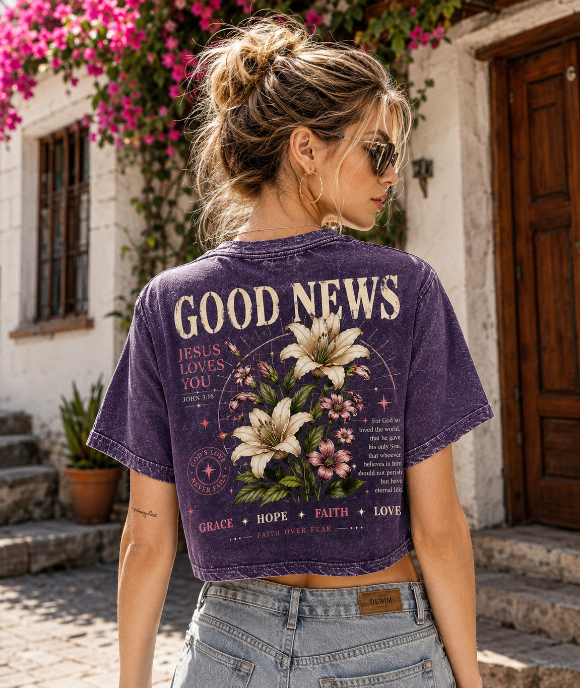 Good News Faith Floral Crop Top – Vintage Christian Tee