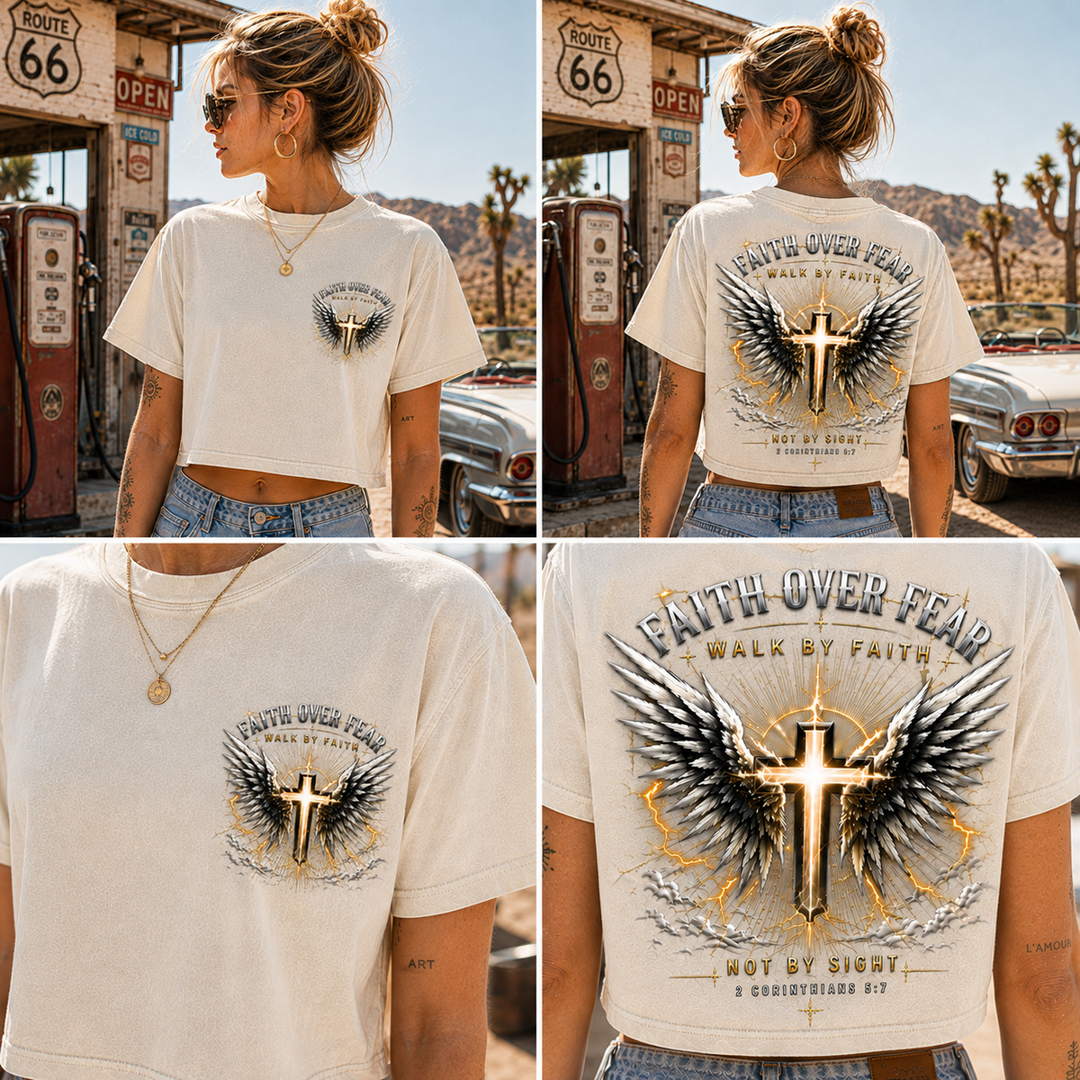 Faith Over Fear – Winged Cross Vintage Crop Tee
