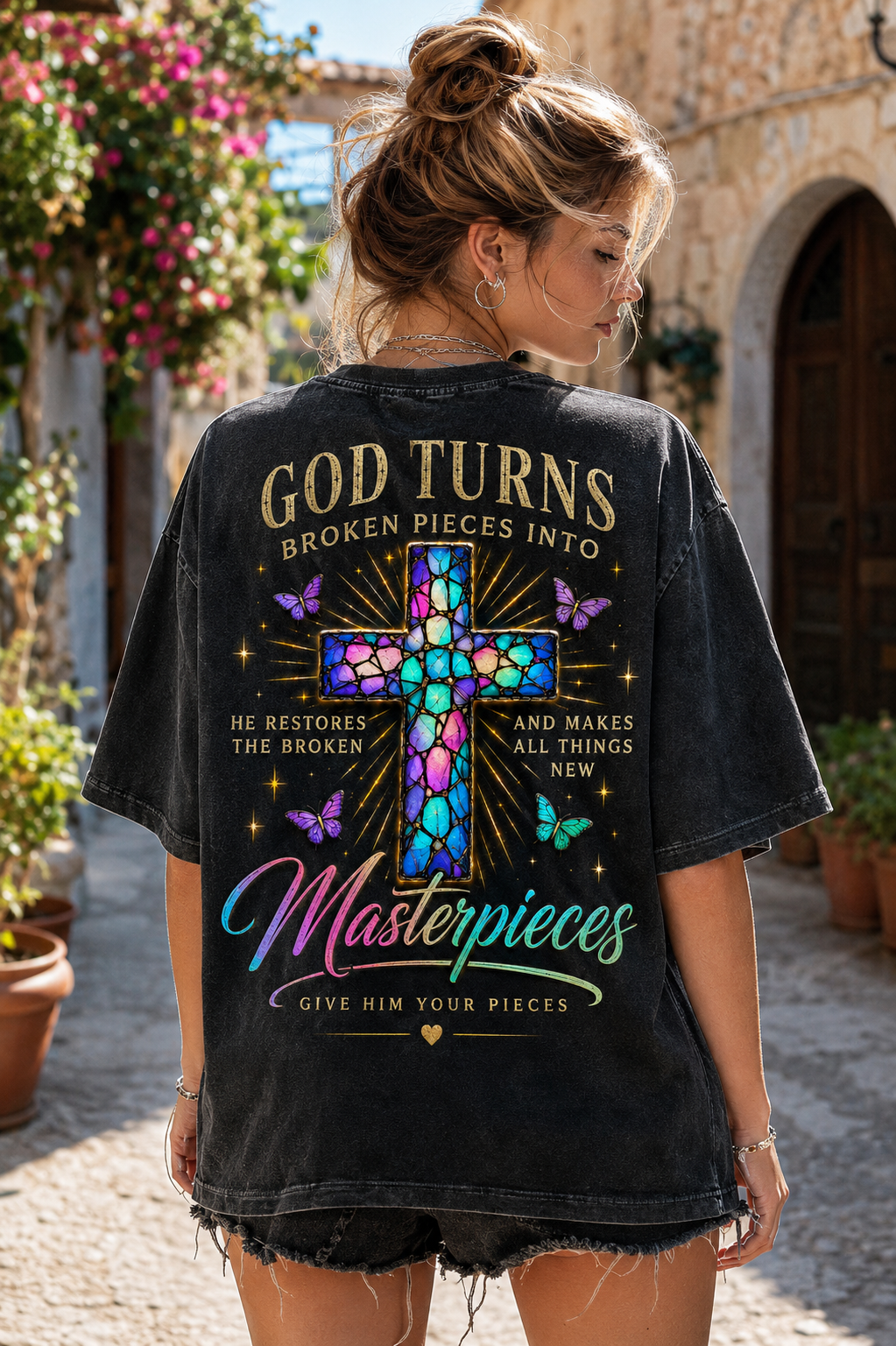 God Turns Broken Pieces Into Masterpieces – Christian Cross T-Shirt