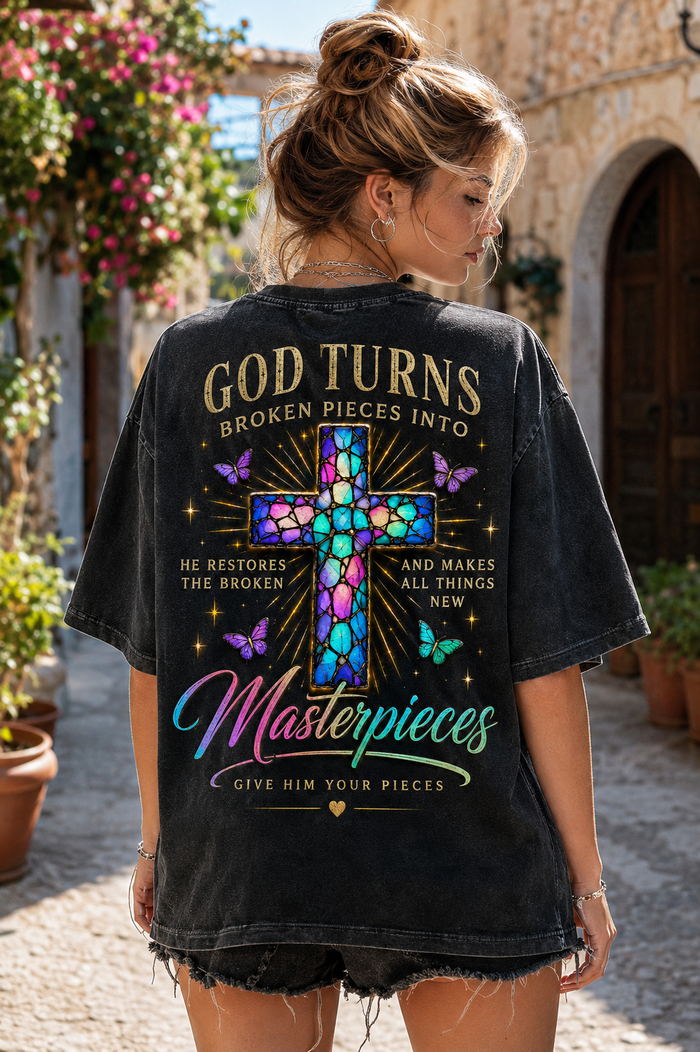 God Turns Broken Pieces Into Masterpieces – Christian Cross T-Shirt