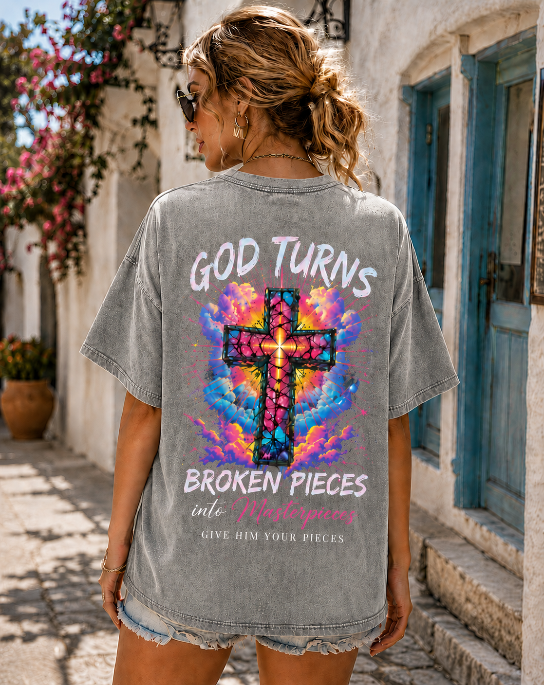 GOD Turns Broken Pieces Graphic Tee – Vintage Washed Black