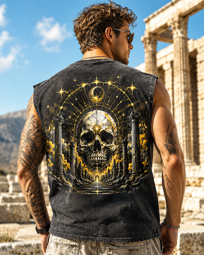 Celestial Skull Washed Black Tank Top