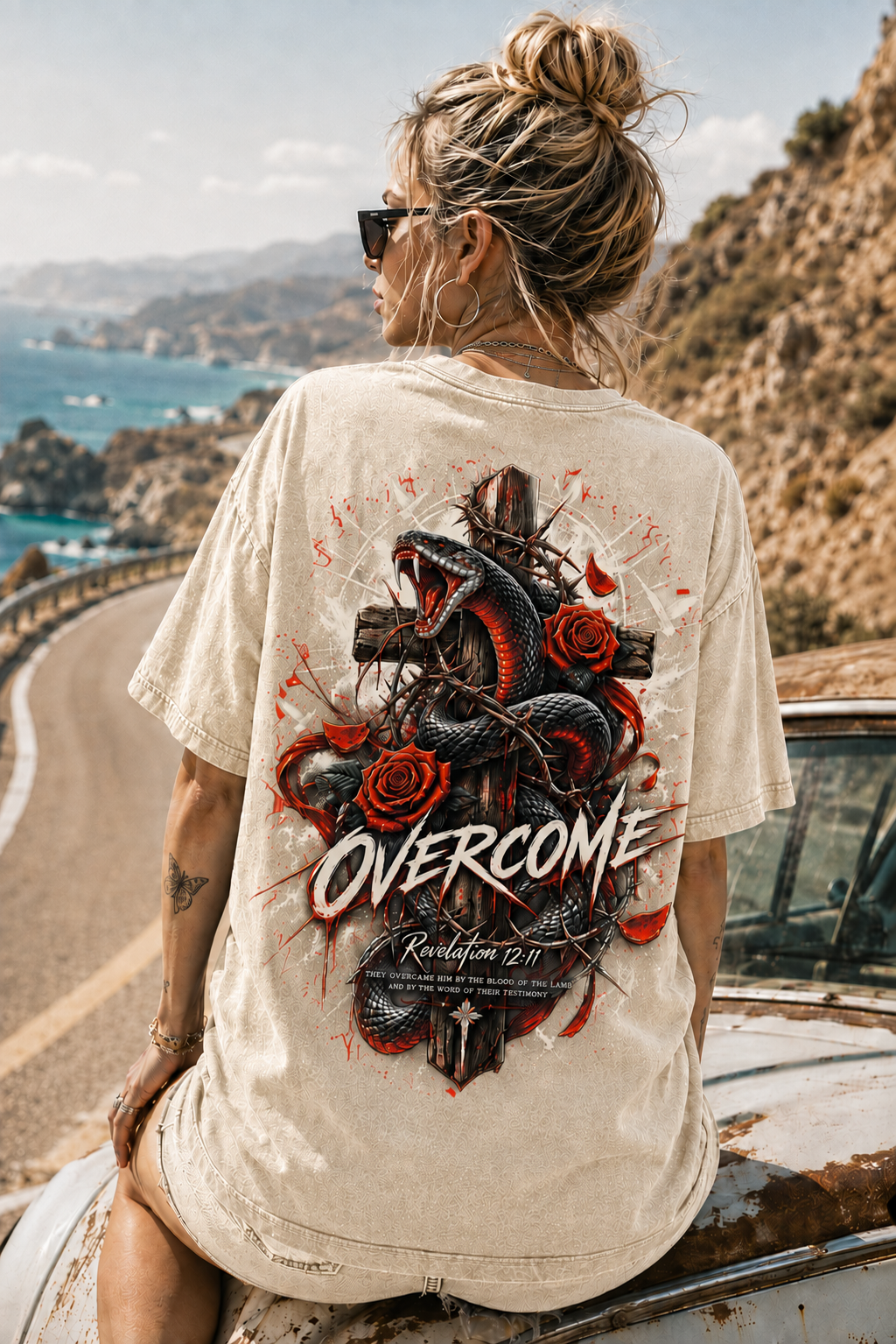 OVERCOME Snake Cross Graphic Tee – Vintage Washed T-Shirt