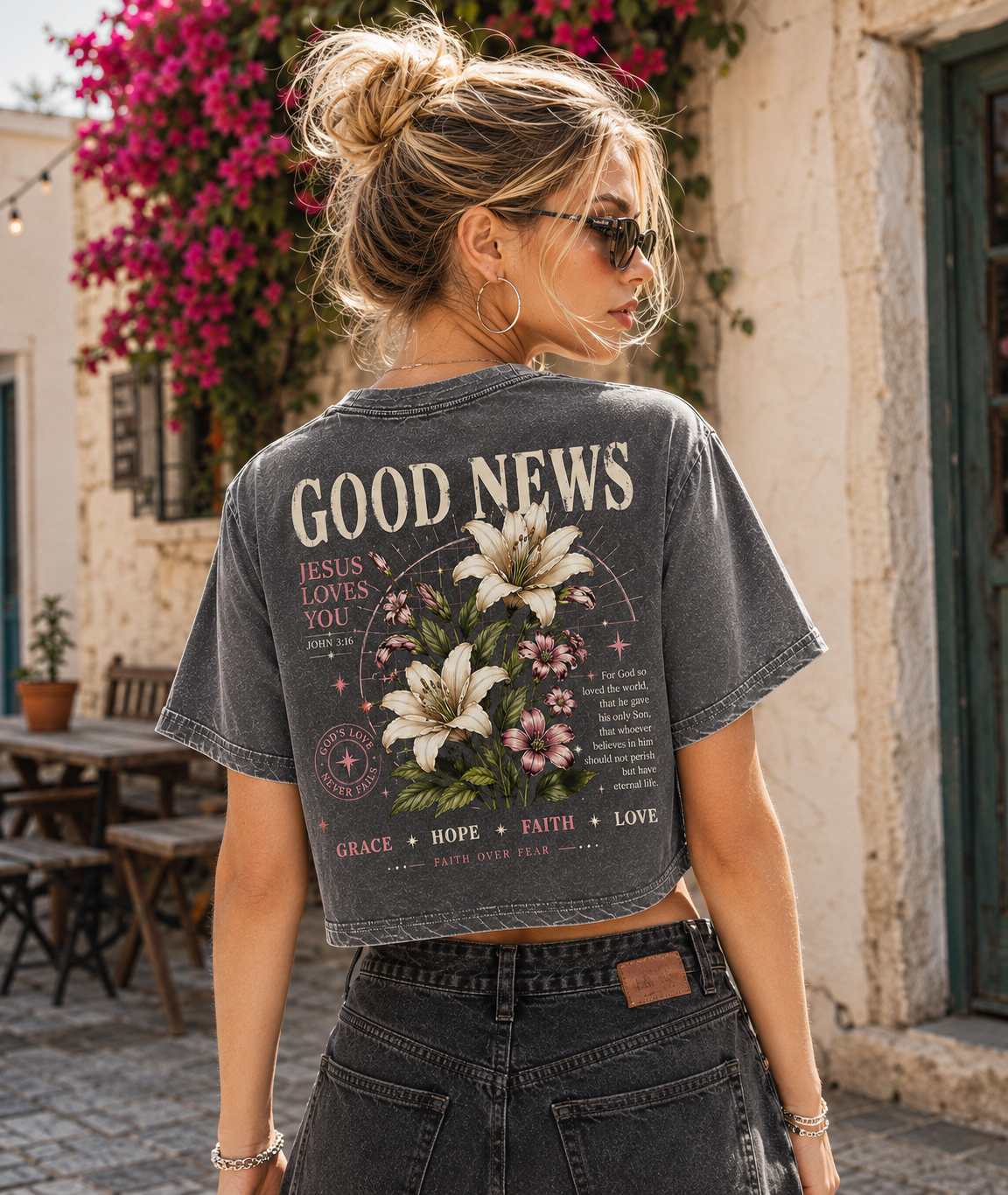 Good News Faith Floral Crop Top – Vintage Christian Tee