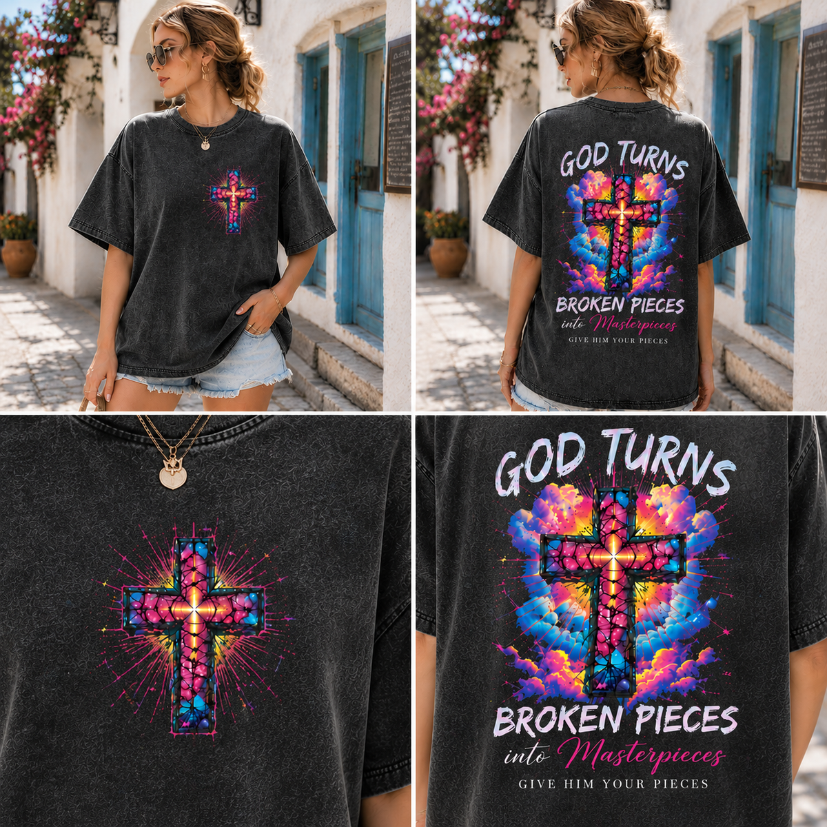 GOD Turns Broken Pieces Graphic Tee – Vintage Washed Black