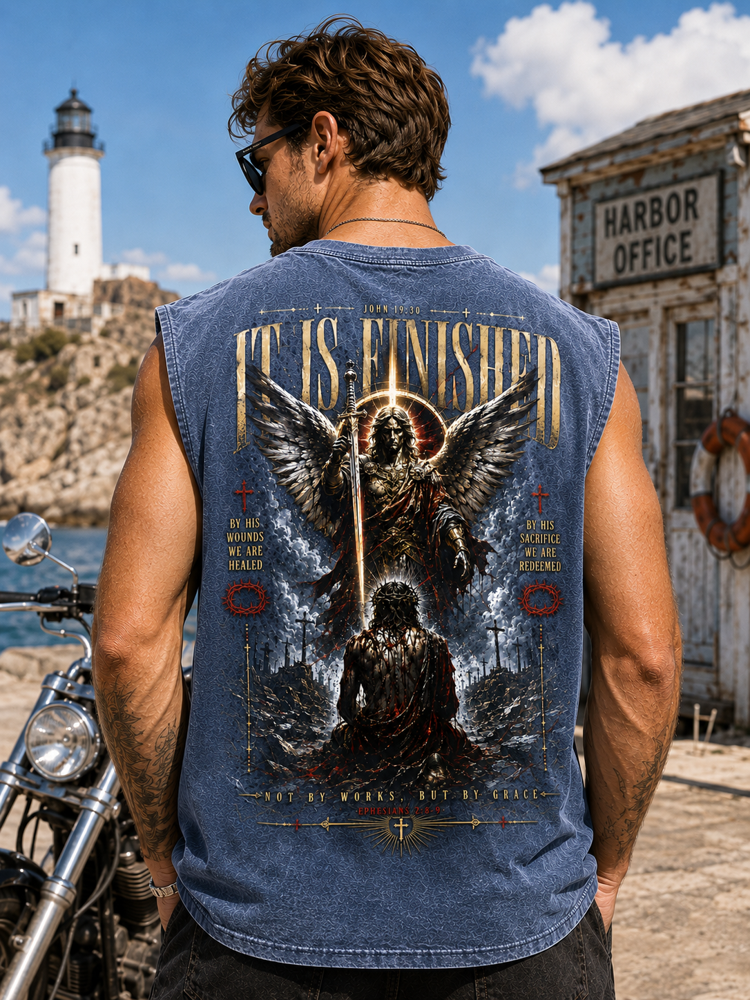 IT IS FINISHED — Washed Black Graphic Muscle Tee
